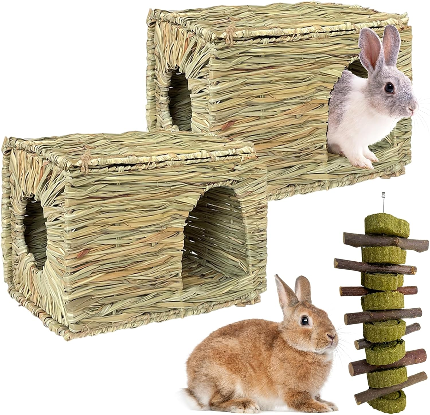 Foldable Grass Woven Animal Hut for Rabbit with Timothy Hay Chew Toy Hideout Bed for Bunny Guinea Pigs Squirrels Small Animals Play Rest