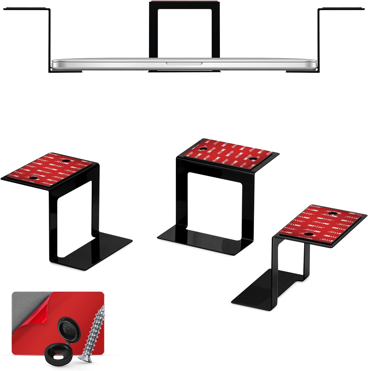 3&rdquo; Metal under Desk Laptop, Cable Box & Router Holder Mount, Adhesive & Screw In, Holds Upto 3" Devices like Small Computers, Macbook, Surface, Keyboard, Network Switch, Modems & More - Black image number 2