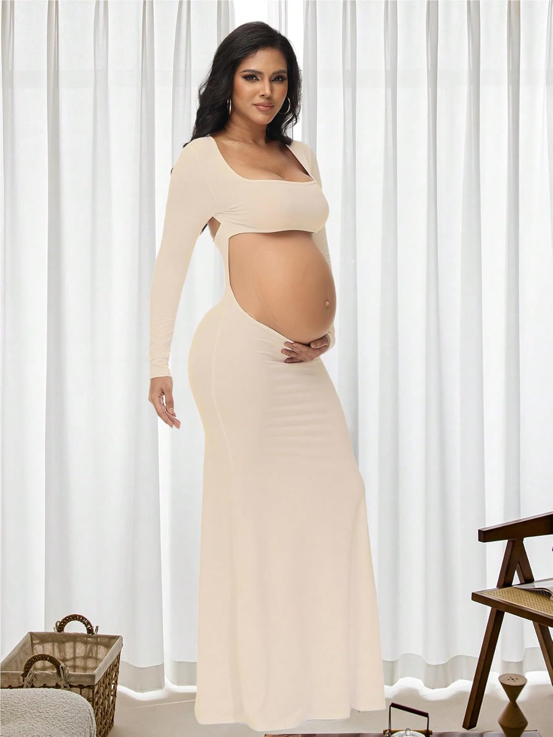 Justvh Maternity Dress for Photoshoot Solid Cut Out Backless Long Sleeve Maxi Photography Pregnancy Dress for Women image number 5
