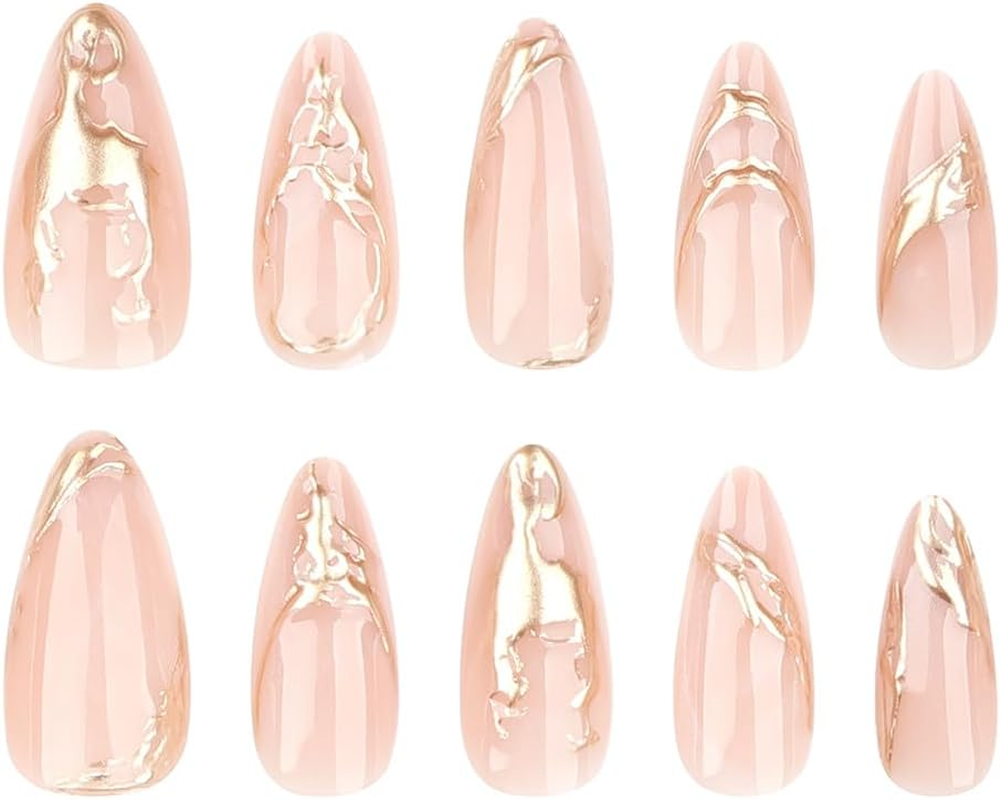 Nude Almond Press on Nails 24 PCS Glossy Gold False Nails Medium Length Fake Nails Full Cover Stick on Nails Art for Women and Girls Daily Decoration image number 6