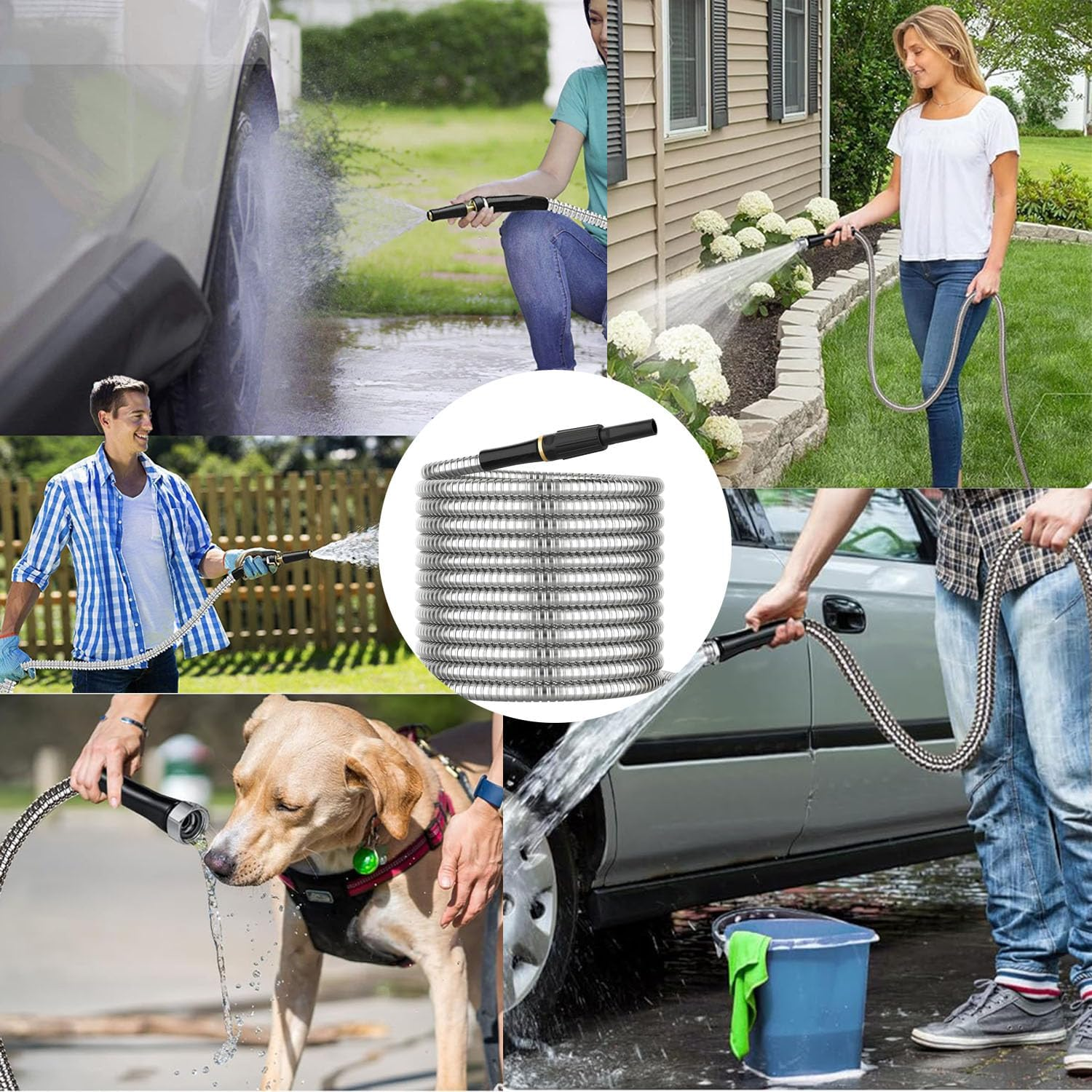 7.5M Stainless Steel Garden Hose Flexible Anti-Kink Metal Water Hose with Brass Fittings,Lightweight Weatherproof Outdoor Pipe for Car Wash,Lightweight Durable Crush Resistant Fitting image number 4