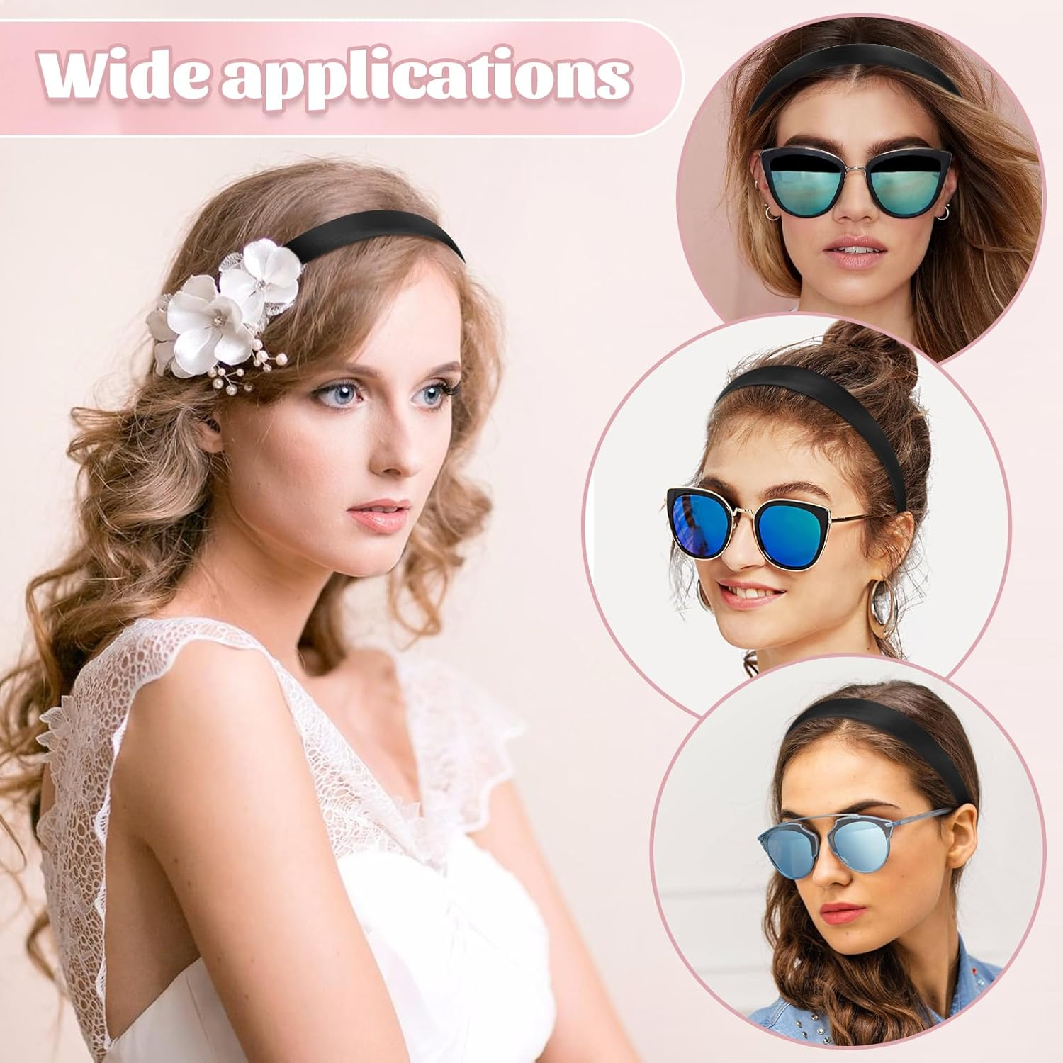 Pack of 2 Satin Hair Bands, Wide Headbands, Plain Headbands for Women, Non-Slip Hair Accessories for Women, Girls, Makeup Removal, Cleaning, Skin Care, Halloween, Carnival (Width 2 Cm) image number 1