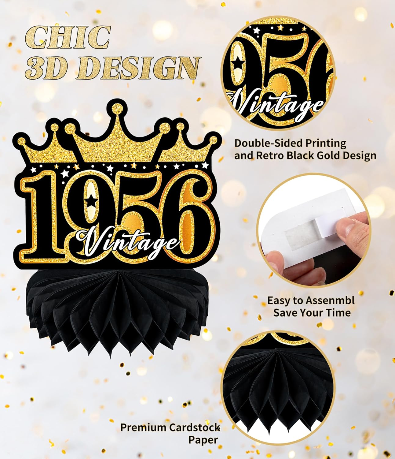 9 Pcs 70Th Birthday Decoration for Men Women - Honeycomb Centerpieces & Table Decorations - Black & Gold - Cheers to 70 Years - 1955 Birthday Party Favors - 80Th-Black And Gold image number 3