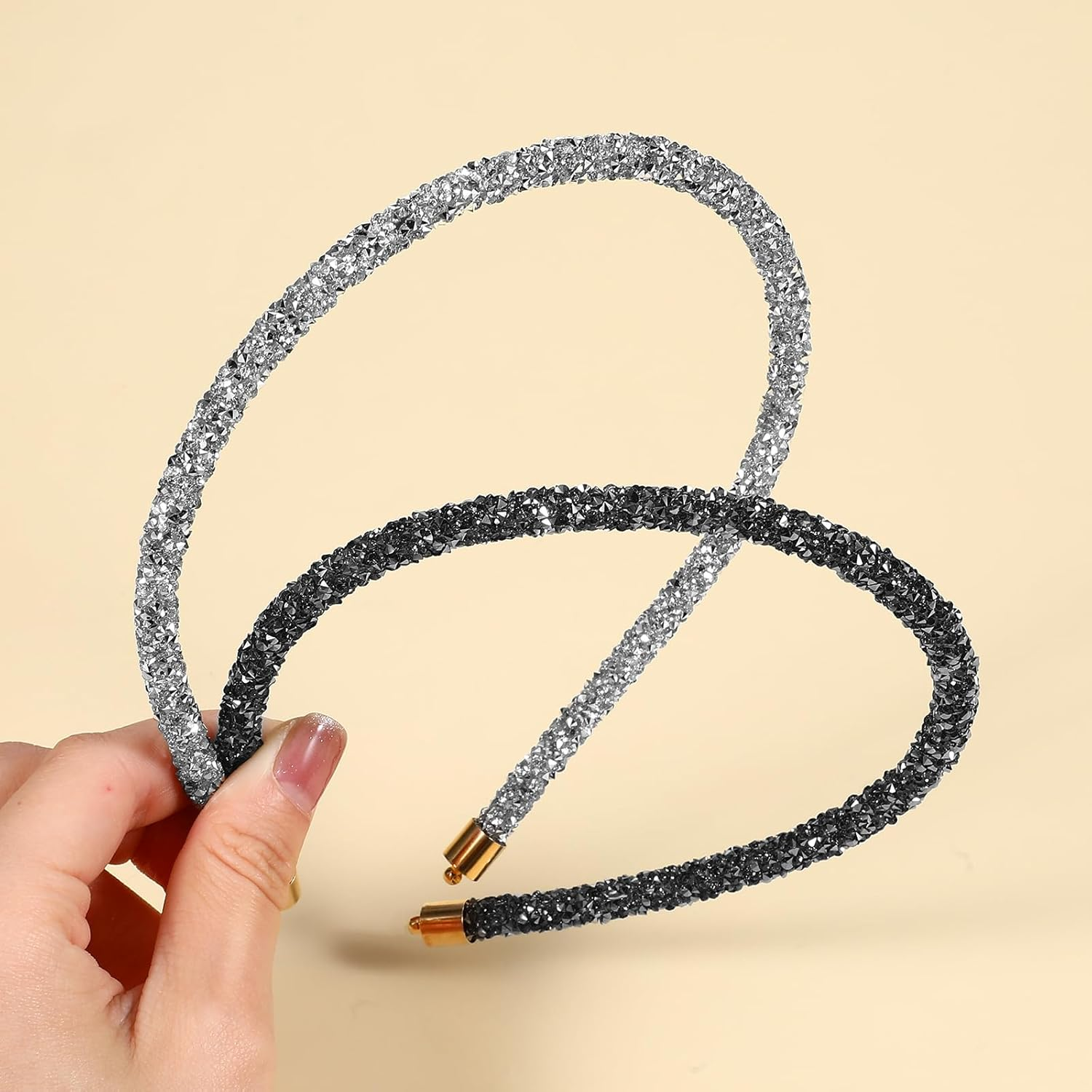 2Pcs Rhinestone Headband, Sparkly Crystal Headband for Women Girls Glitter Diamond Headbands Bling Hair Styling Accessories for Wedding Birthday Party (Black and White) image number 3