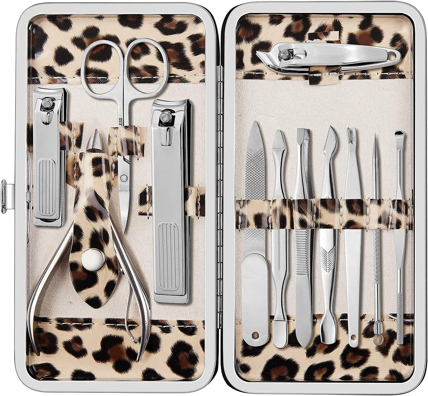Manicure Kit, FAMILIFE 12Pcs Nail Clippers Set Stainless Steel Multipurpose Kit Grooming Tools Kits with Leopard Print Case