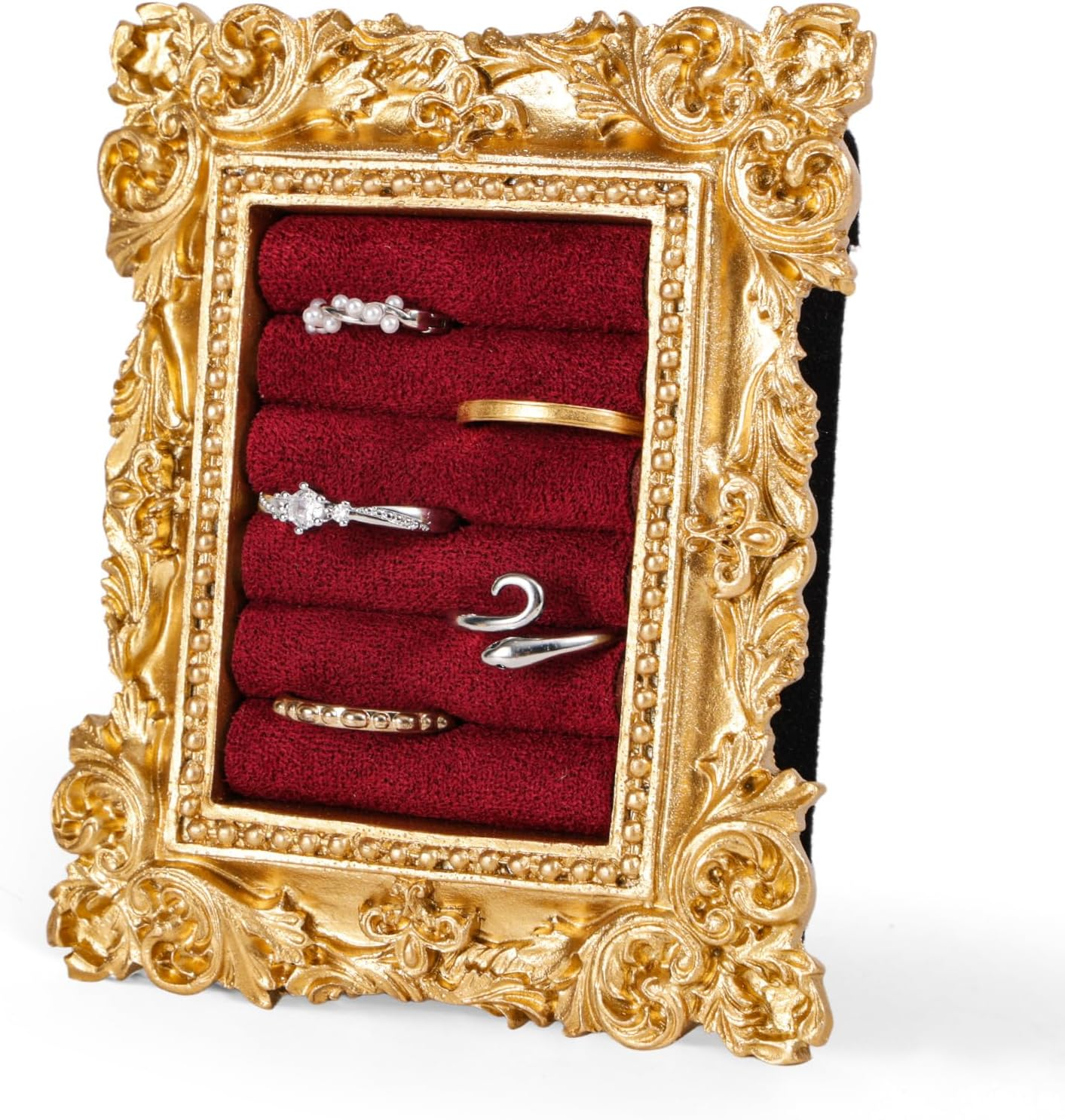Vintage Ring Display Stand, Baroque Ring Holder Earring Display Tray Jewelry Organizer Birthday Engagement Wedding Decoration for Women (Wine Red)