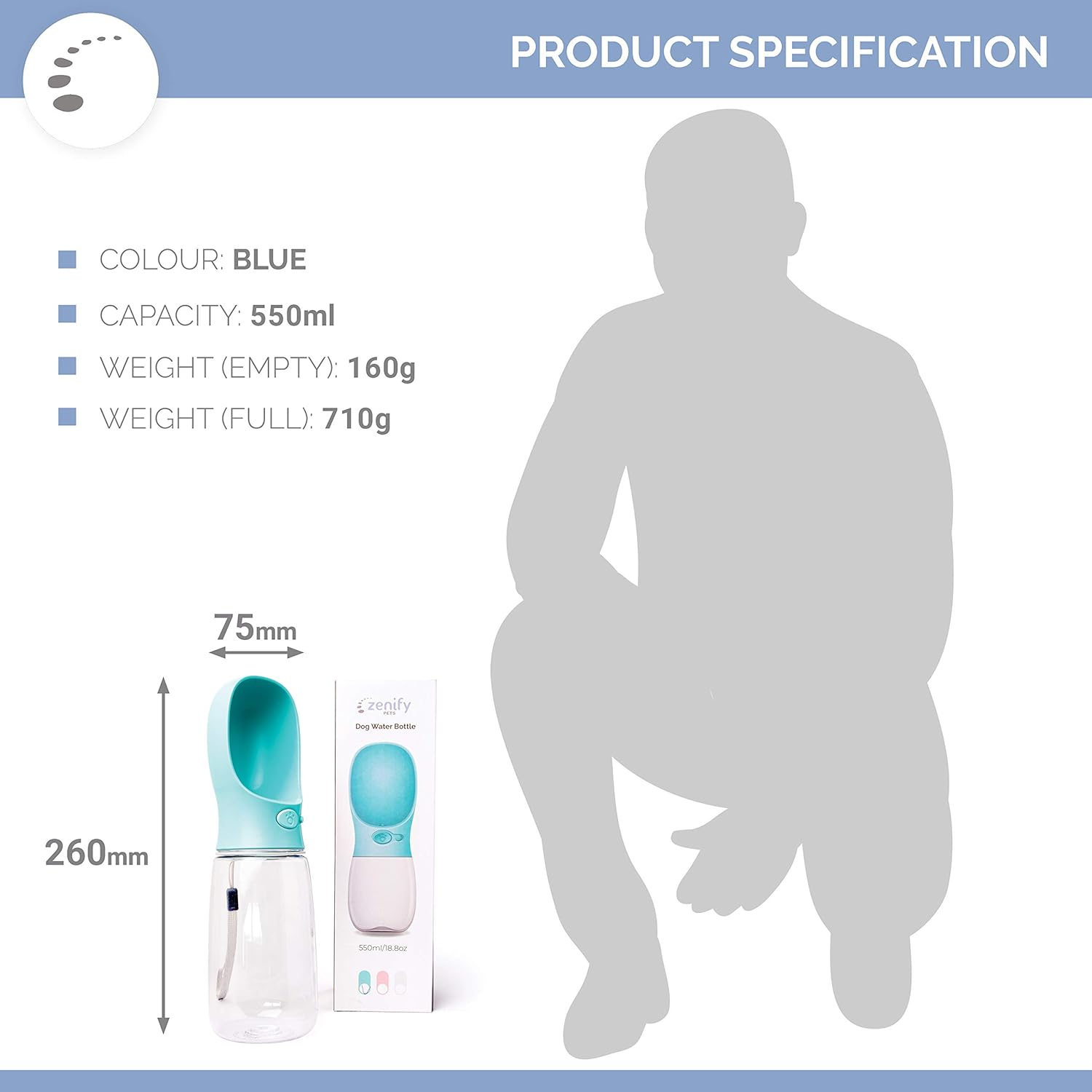 Zenify Pet Water Bottle for Dogs Drinking Waterer Feeder Bottles Portable Lead Leash Dispenser Accessory Puppy Drink Pets Alternative to Travel Dog Bowl Large (550Ml (M/L), Blue) image number 6