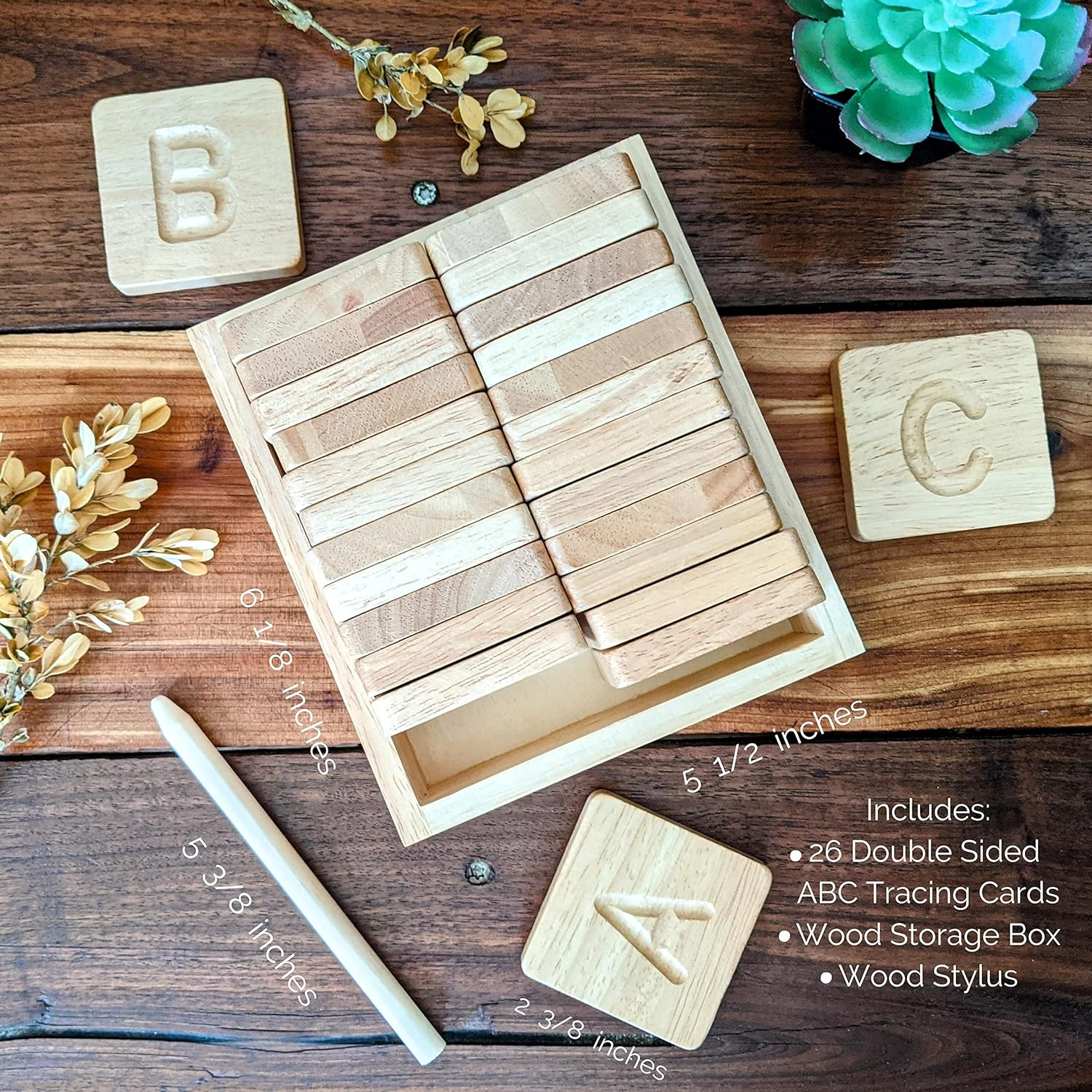 Preschool Learning Letter Tracing | Montessori Wooden Alphabet Tracing | ABC Flash Cards | Double Sided Uppercase and Lowercase | Includes Storage Box and Stylus Pen | Set of 26 Pieces image number 2