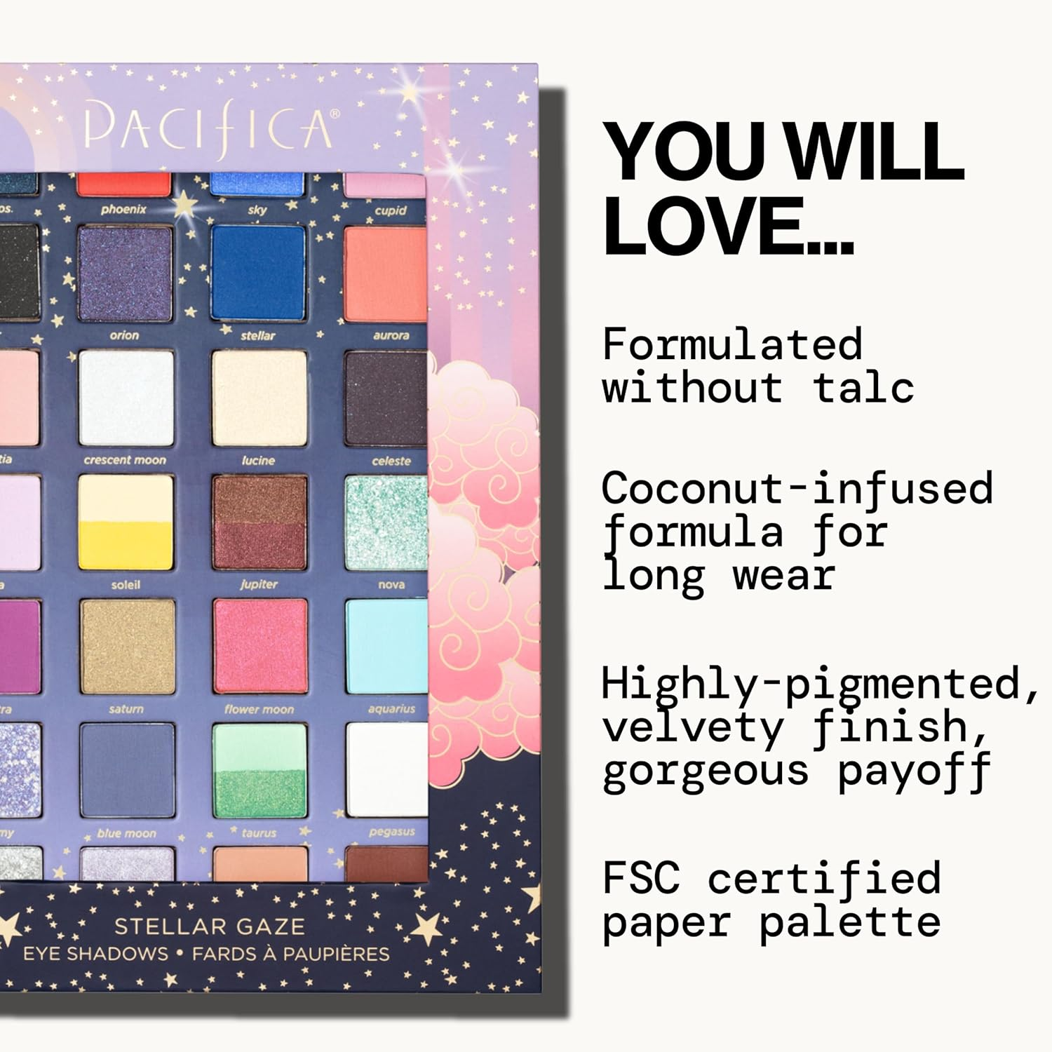 Pacifica Beauty, Stellar Gaze Eye Shadow Palette, 28 Eyeshadow Shades, Mineral Eyeshadow, Matte, Shimmer and Glitter Mica Shades, Vitamin E, Made from 100% Recyclable Paper, Vegan and Cruelty Free image number 4