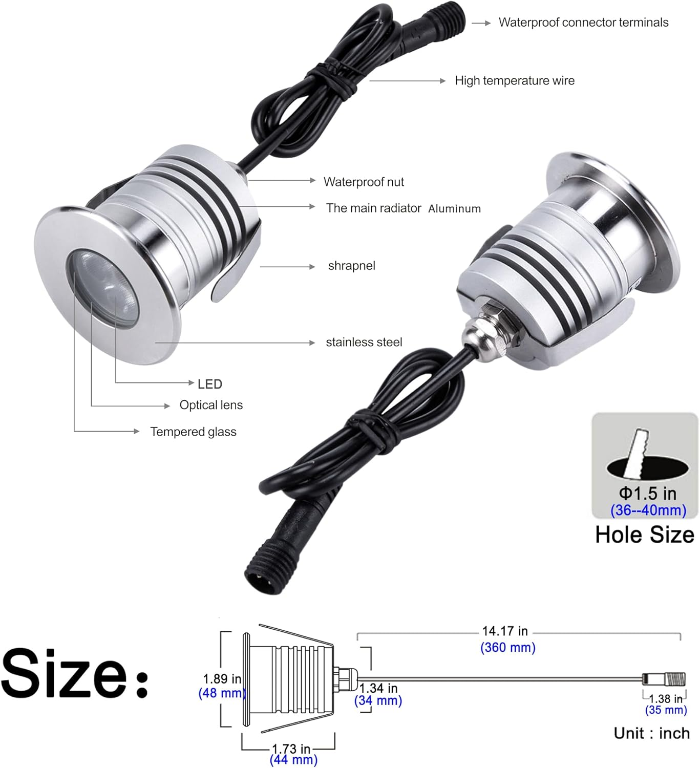 CNBRIGHTER LED Underwater Swimming Pool Lights,3W CREE Chip,12V-24V DC,IP68 Waterproof,Stainless Steel Aluminum,For Inground Pools Ponds Fountains and Boats (Blue) image number 2