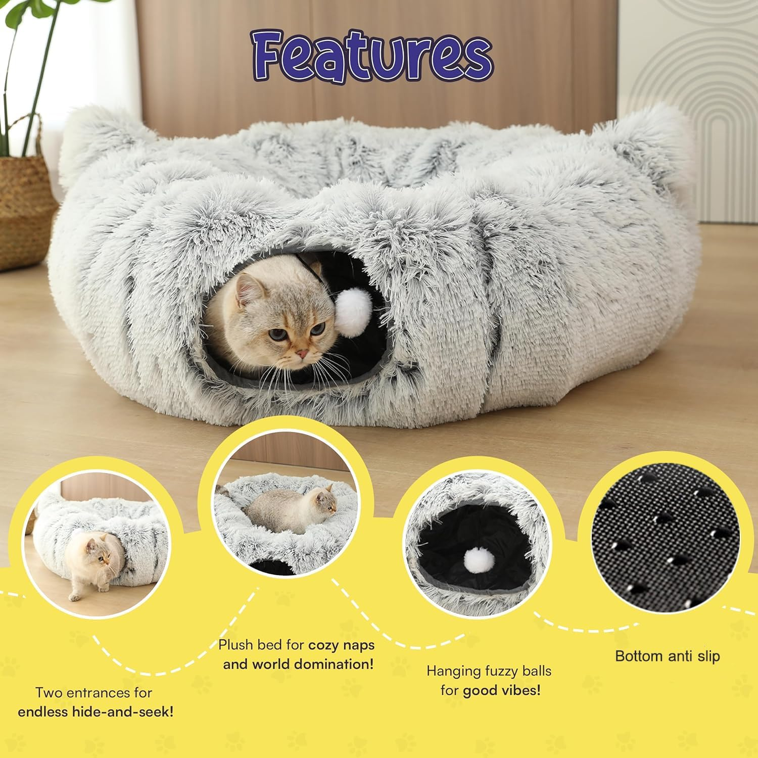 HAOLEYAO Cat Tunnel Bed by - Cat Donut Tunnel - Collapsible Cat Tunnels for Indoor Cats with Kitty Ears Design - Easy Assembly - for Small Cat & Kitten Breeds - Includes Hanging Ball image number 6