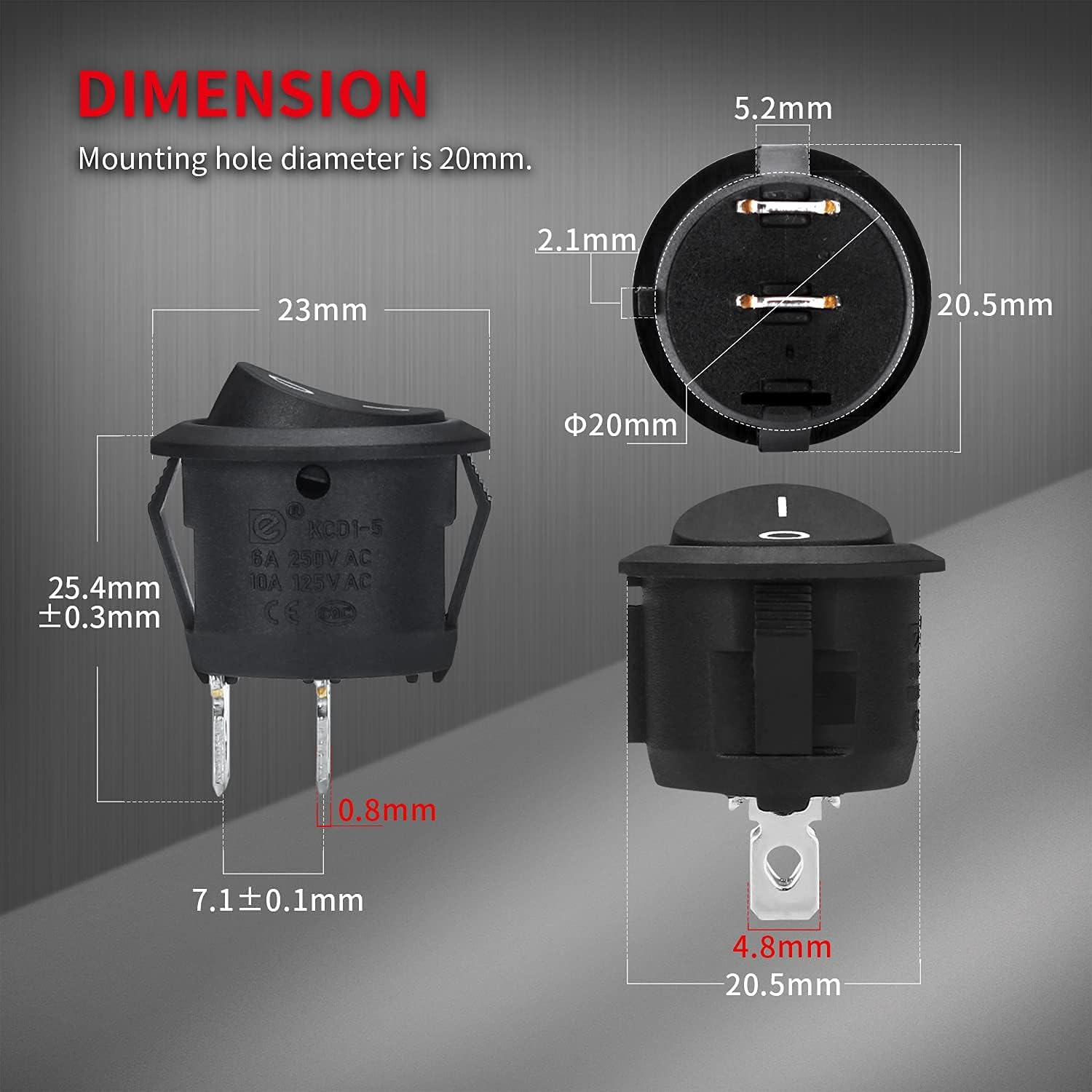 Daiertek 5Pcs round Rocker Switch SPST on off Locking 2Pin 10A 125VAC 6A 250VAC Black 20MM image number 5