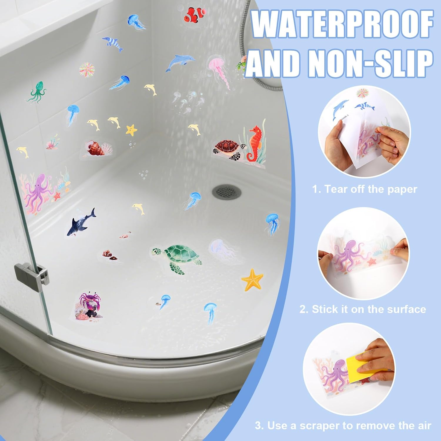 6Pcs Sea Creatures Bathtub Stickers, Non Slip Ocean Kids Bathtub Stickers Strong Adhesive Creative and Cute Bathroom Decorations for Bath Tub and Shower Floor image number 4