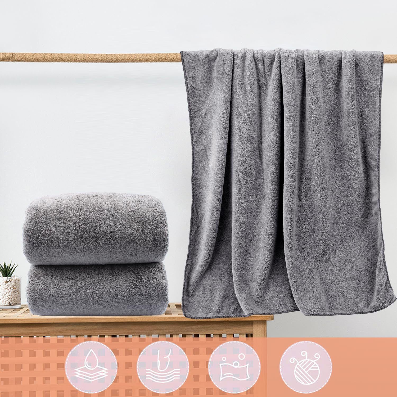 Microfiber Bath Towels 2 Pack(27.55'' X 55.11'') - Ultra Soft Towel Set,Highly Absorbent,Quick Drying Bath Towels Large for Body, Sport, Yoga, SPA, Fitness by H HOME-MART- Grey Bath Towel Set image number 5