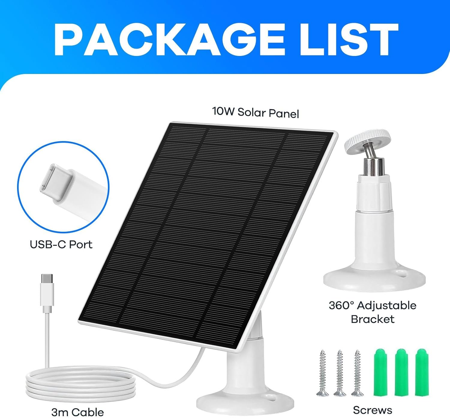 Solar Panel for Security Camera CCTV Surveillance System with Rechargeable Battery IP65 Waterproof 3M Cable Adjustable Bracket Micro USB-C Ports 10W image number 3