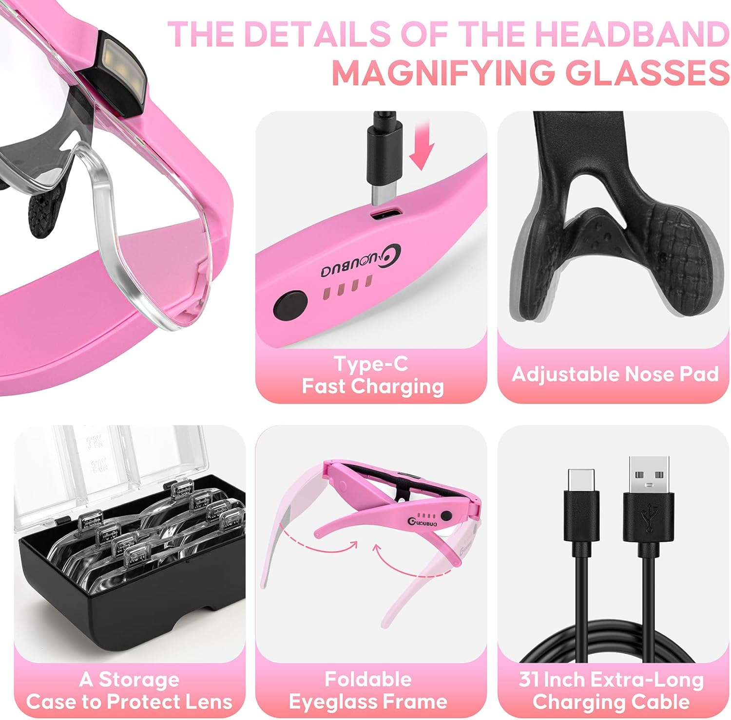 Magnifying Glass with Light, 1.5X-5.0X Magnifying Glasses, Rechargeable Magnifier Headset with Light, Head Magnifier with 4 Detachable Lenses, Magnify Glasses for Close Work Crafts Jewelry - Pink Magnifying Glass With Light image number 3