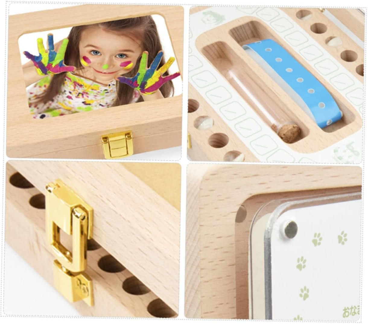 Wooden Teeth Box Keepsake Organizer Creative Deciduous Teeth Storage Container with Photo Frame for Boys and Preserves Childhood Memories with Japanese Stickers image number 6