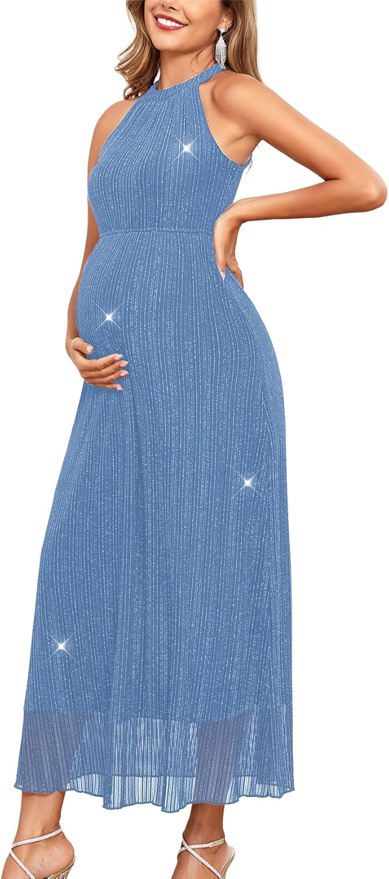 Maternity Sparkly Mesh Dress Halter Neck Sleeveless a Line Pregnancy Dresses Semi Formal Baby Shower Photoshoot