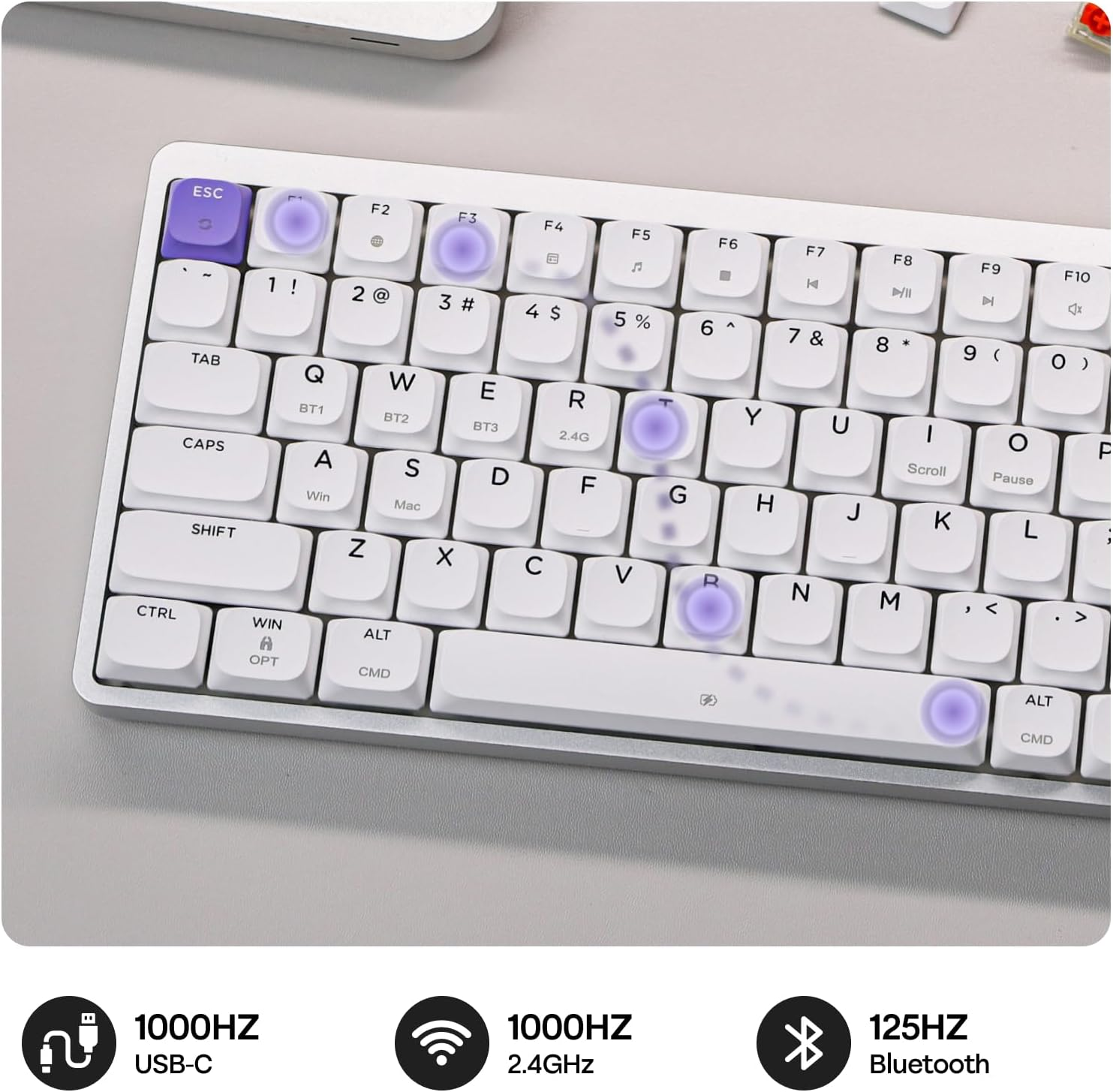 EPOMAKER Luma84 Low Profile Aluminum Mechanical Keyboard, QMK/VIA Programmable, Tri-Mode Wireless, Win/Mac/Linux Compatible, Hot-Swappable (White&Purple, Gateron Low-Profile Red Switch) image number 1