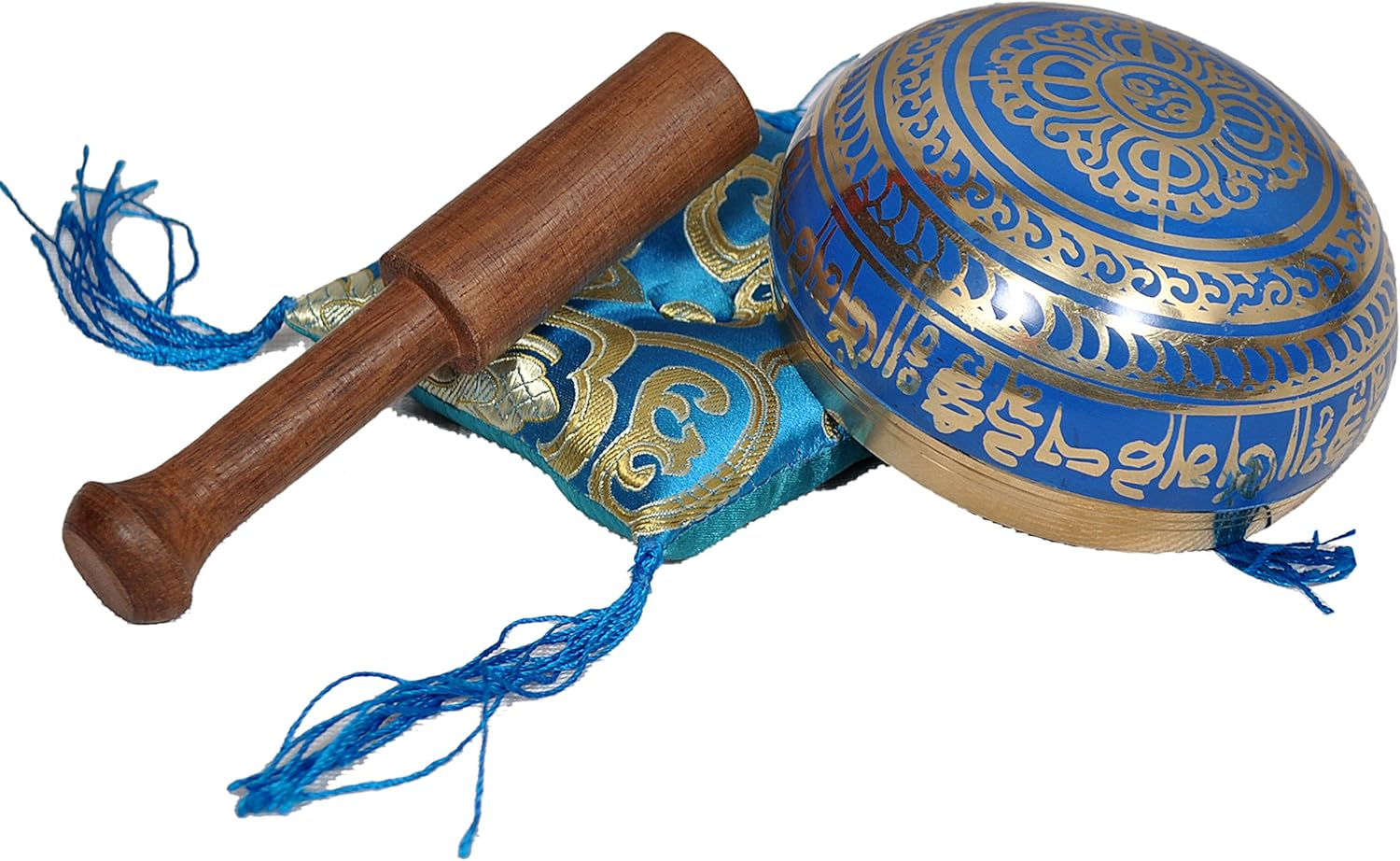 Tibetan Meditation Singing Bowl for Relaxation and Healing - with Traditional Design Tibetan Buddhist Prayer Flags - Handmade in Nepal (Blue) - Green image number 3