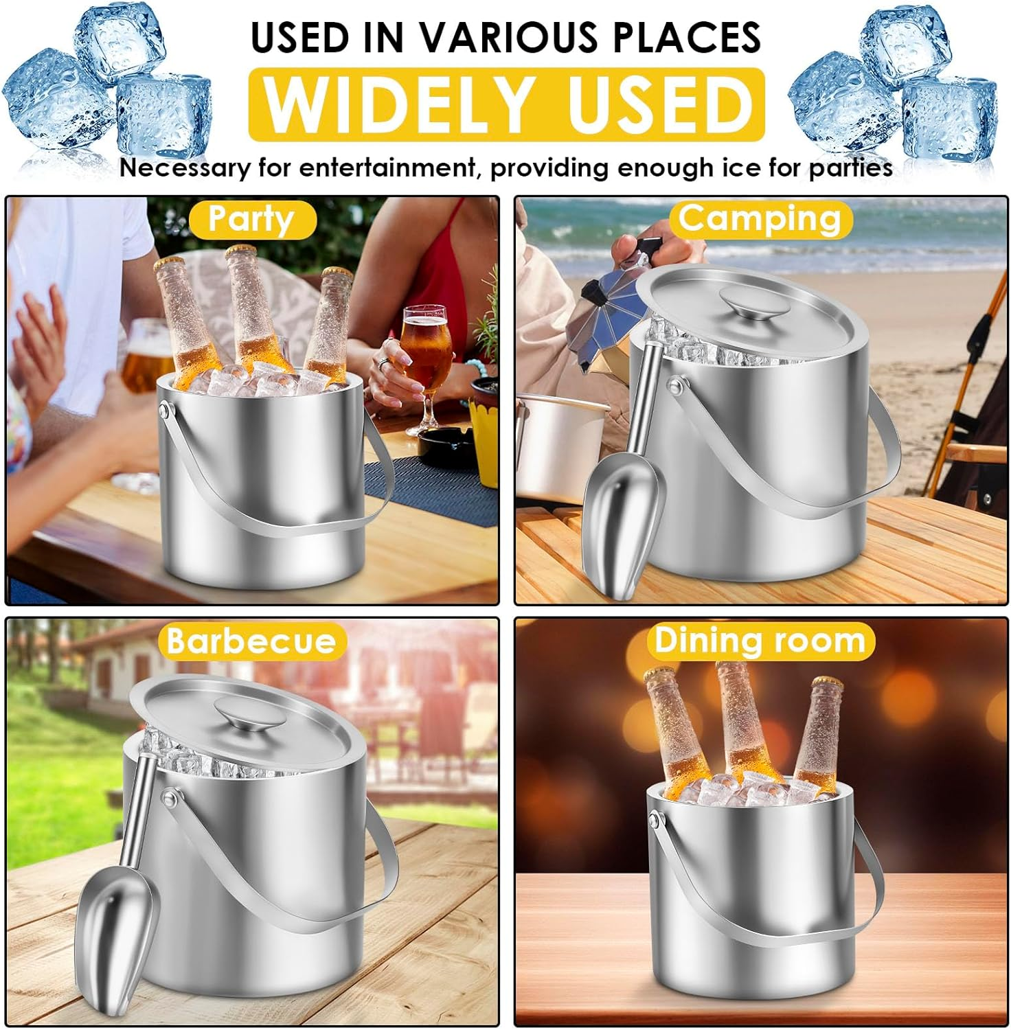 3L Ice Bucket with Leakproof Lid Double Walled Stainless Steel Insulated Ice Bucket with Scoop Beverage Cooler Container Wine Chilling Tub for Cocktail Bar Party image number 2