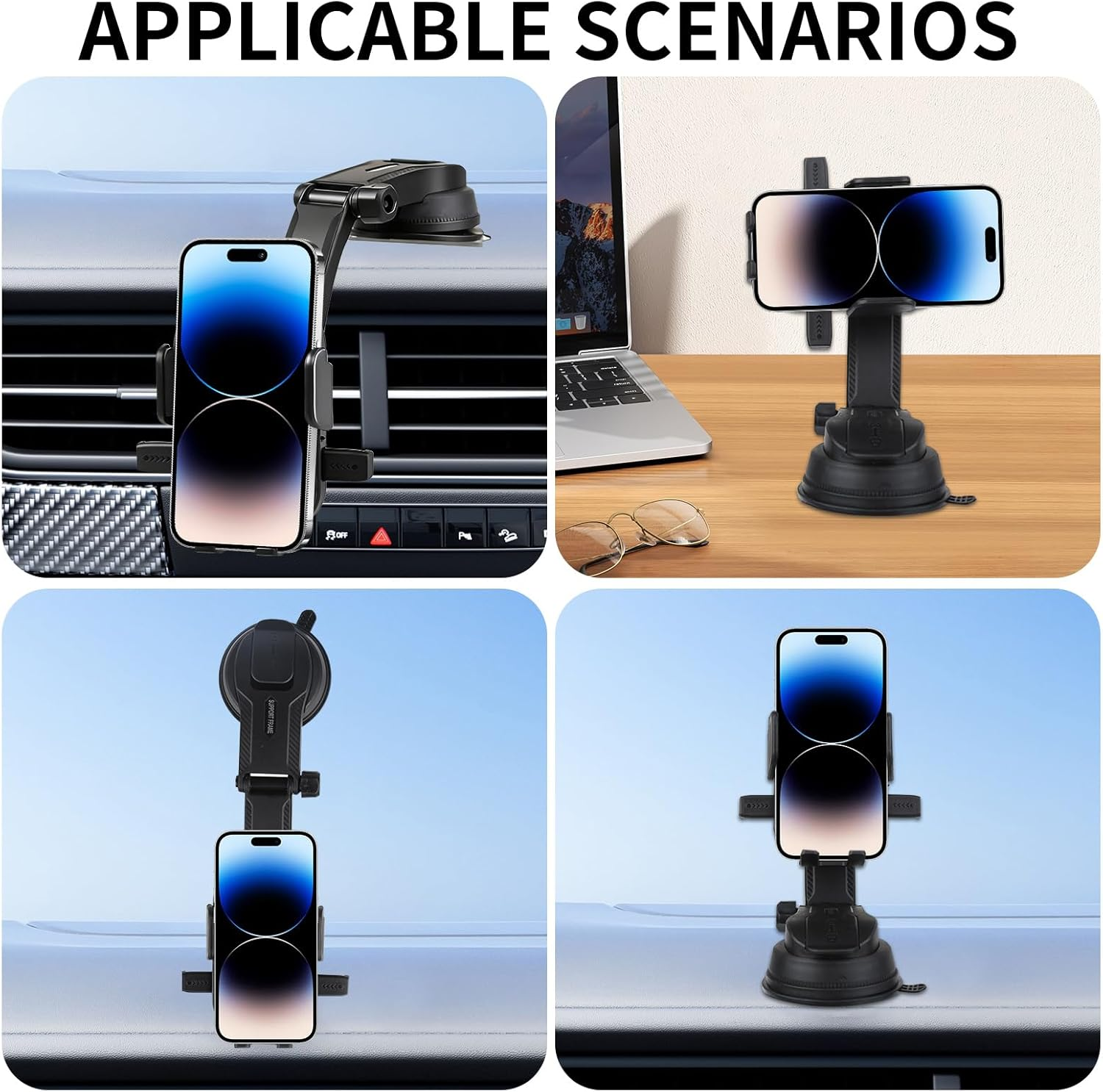 Car Phone Holder with Textured Surface, Stretch - Adjustable Arm, PC + ABS Material, Strong Suction Mount 360&deg; Rotation for Dashboard/Windshield, Compatible with 4.5" - 7" Smartphones (Black)