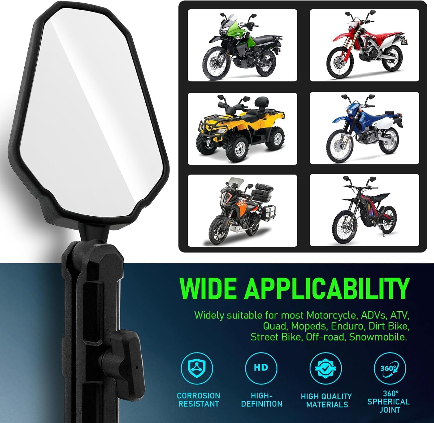 Universal Motorcycle Mirror, Upgraded 2X Motorbike Side Mirror Set, Adjustable Double Roller ATV Mirror, Universal 7/8" Handlebar Rear View Mirrors, for Street Bikes Cruisers Moped Dirt Bike (Black) ﻿ image number 4
