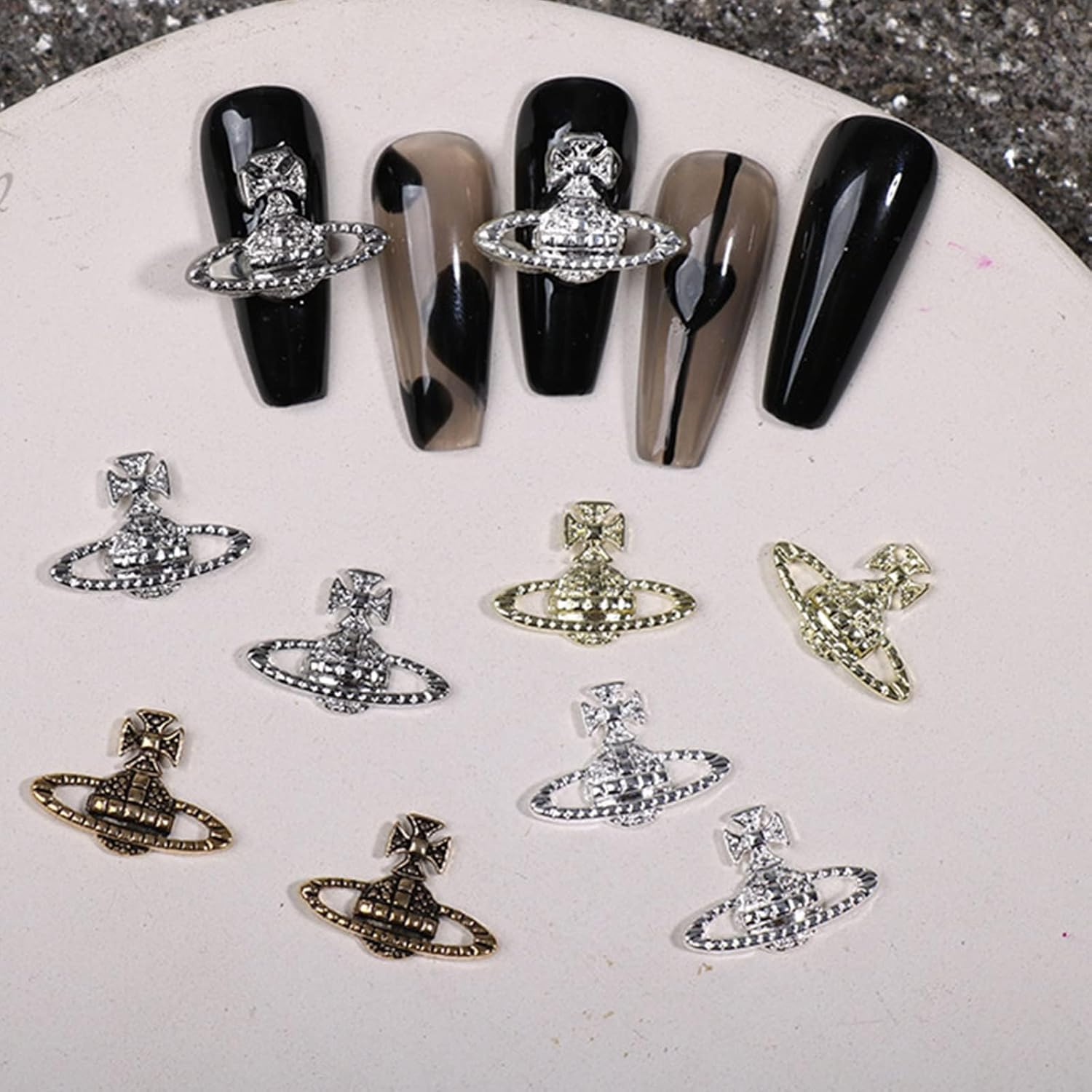 Kuskins 40 Pcs Planet Nail Charms,3D Nails Rhinestones Silver Diamond Toenail Jewelry，Four Colors Trendy Acrylic Nail Kit,Diy Fingernail Art Decoration Supplies for Girls and Women