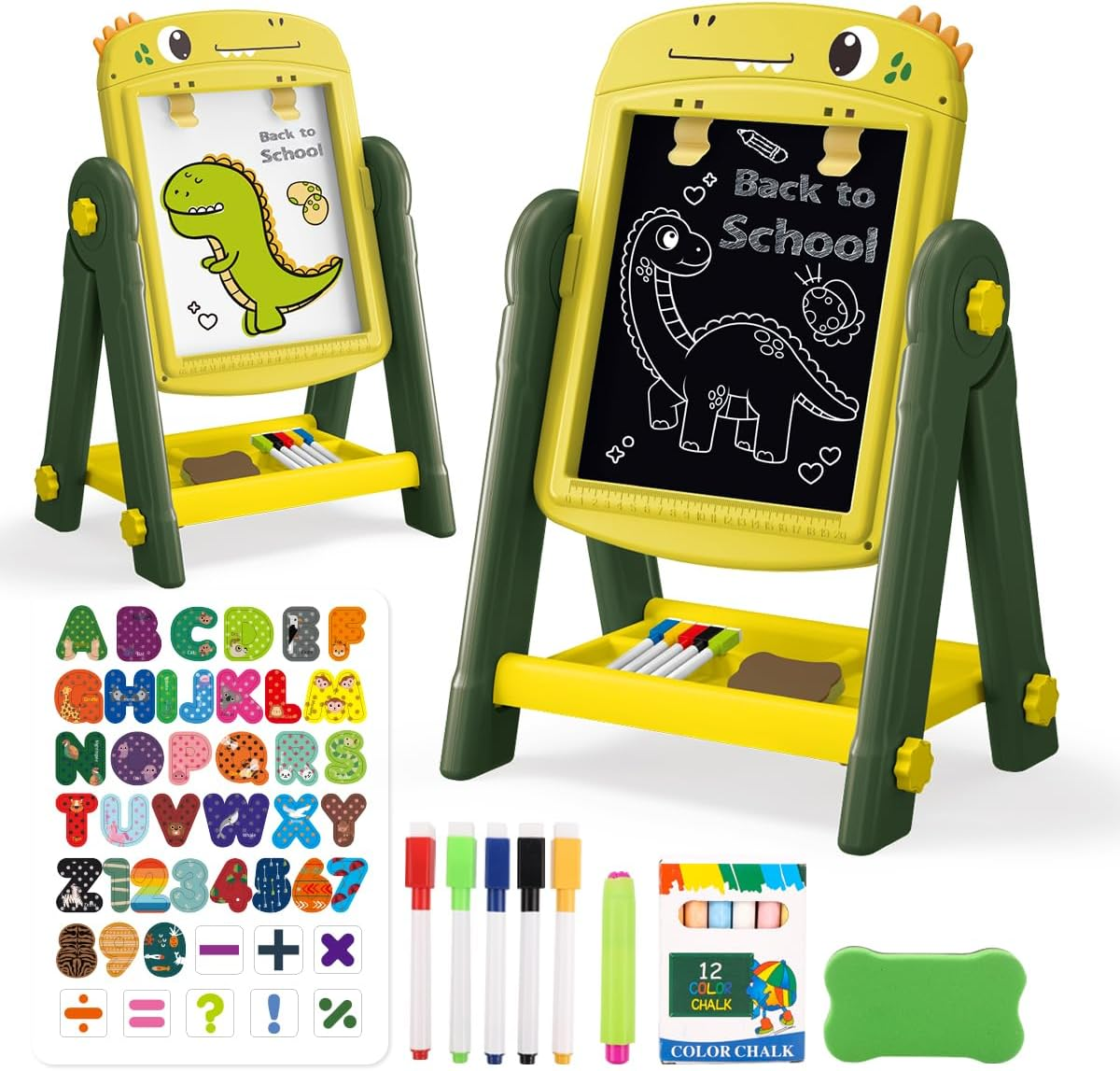Qizebaby Kid Easel，4 in 1 Rotatable Double Sided for Kids，Adjustable Standing Toddler Toy with Magnetic & Chalk ，Dinosaur Toy for Baby 3 4 5 6 Years Old Boys & Girls image number 2