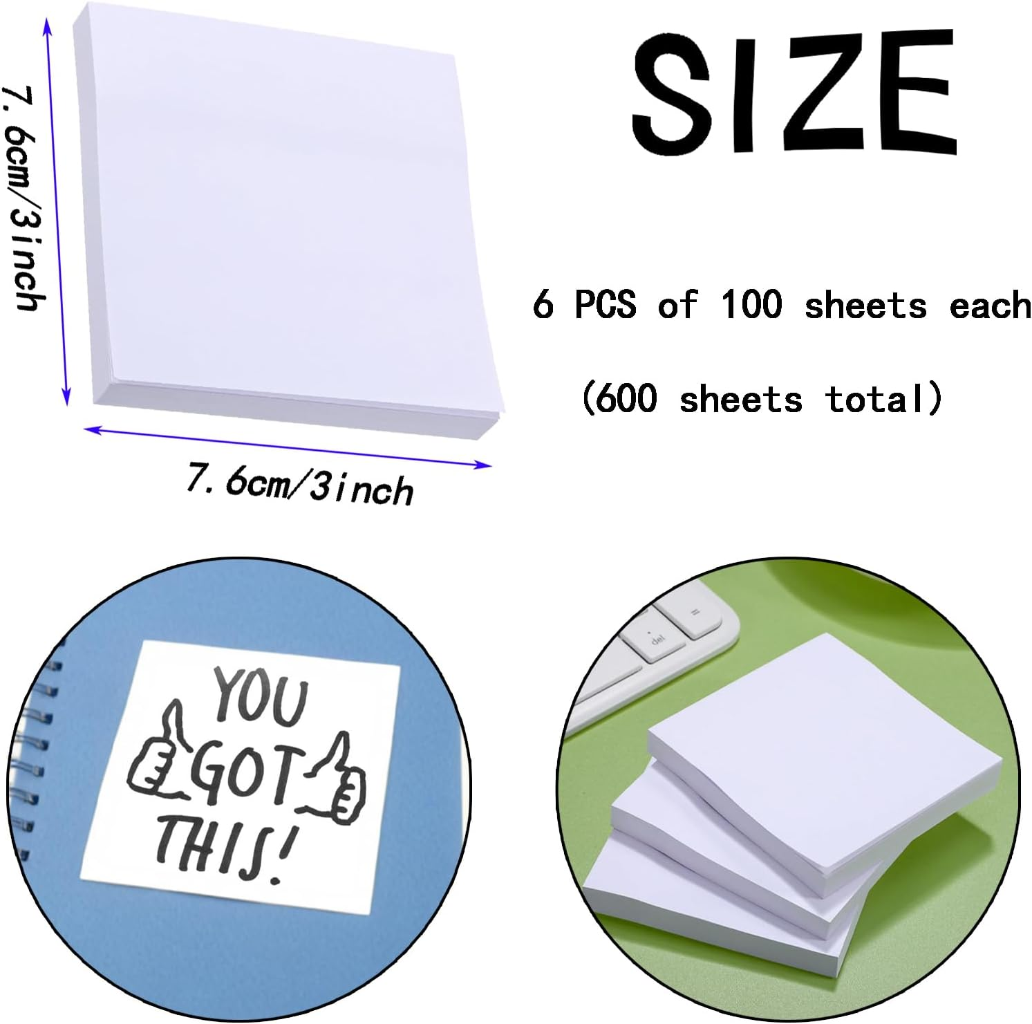 6 Pack White Sticky Notes - 3X3 Inch Self-Adhesive Notepad Set for Office, School and Home Use - Easy Stick Reminder Pads for Organization, Studying, and Daily Tasks image number 2