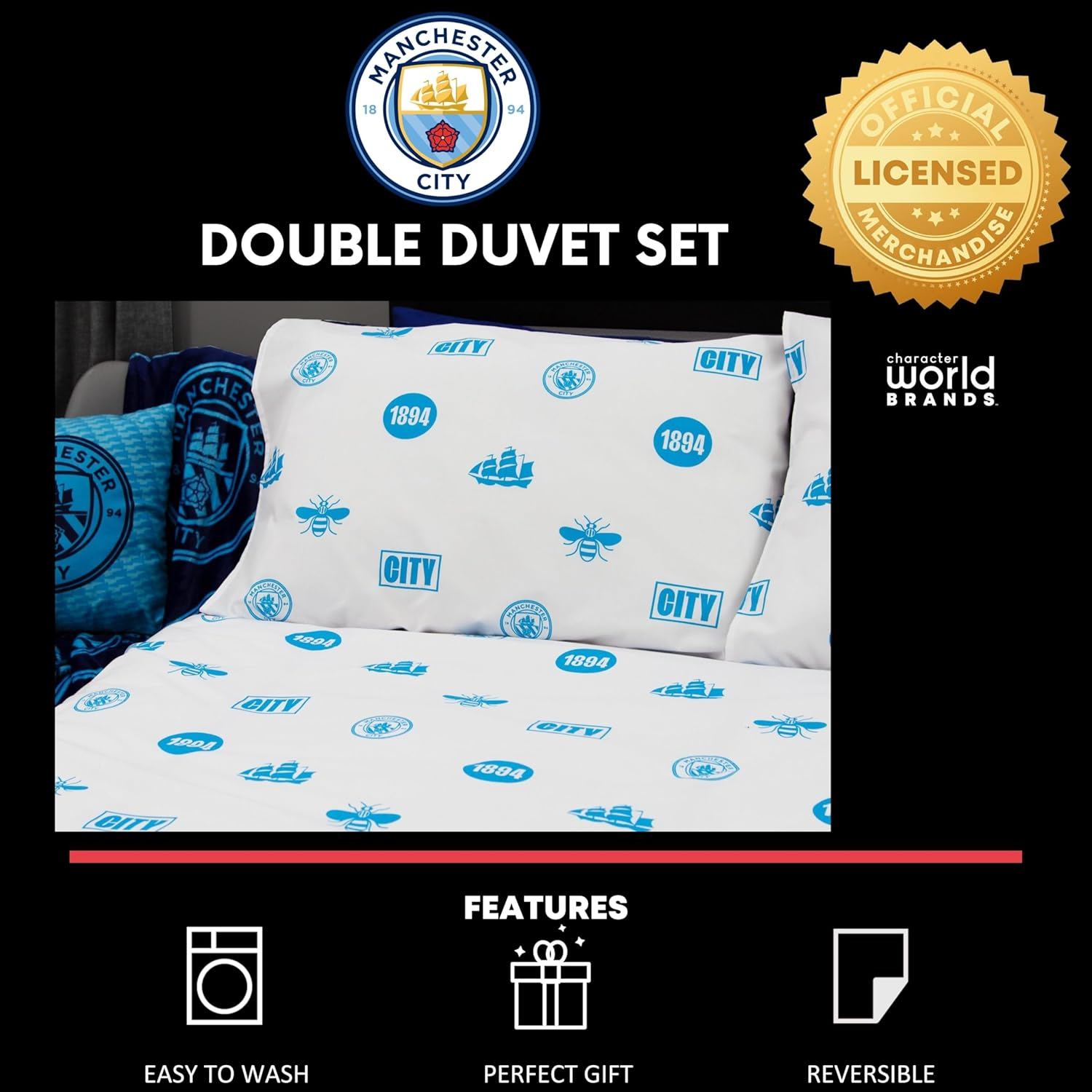 Manchester City FC Character World Official Double Duvet Cover Set, Crestcol Design | Blue Reversible 2 Sided Football Bedding Cover Official Merchandise Including Matching Pillow Cases image number 5