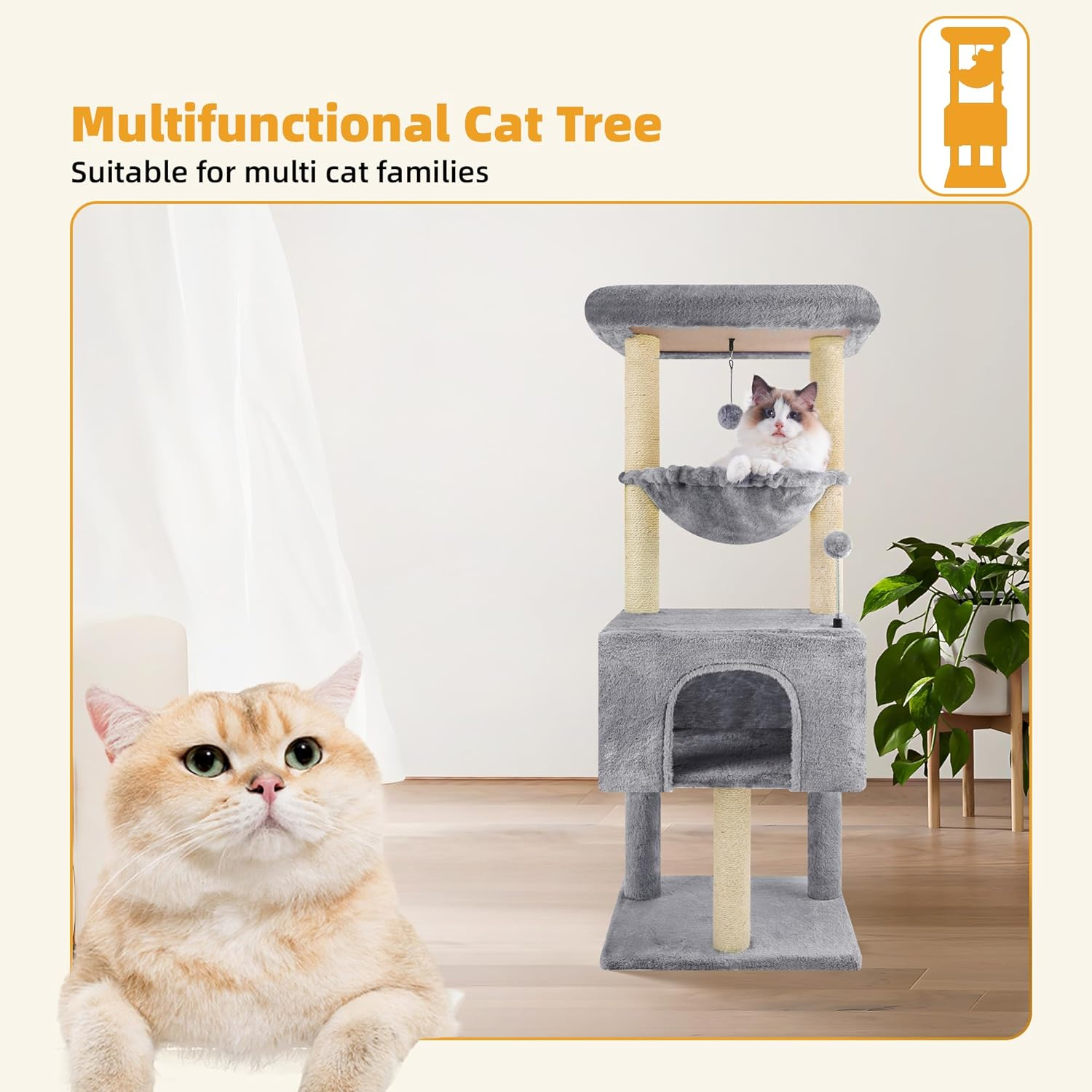 ROYPET 110Cm Cat Tree Tower with Sisal Scratching Posts for Indoor Cats,Cat Tower with Hammock and Hanging Ball Toy,Pet Furniture Activity Centre with Condo,Play Towers&Trees,Small Space,Grey