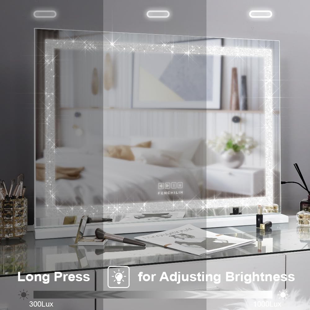 FENCHILIN Vanity Mirror Crystal Crushed Diamond 31.5" X 22.8" Makeup Mirror with Bluetooth Speaker Large Hollywood Mirror with Dimmable LED Light Strip USB Charge Port 3 Color Modes White image number 3
