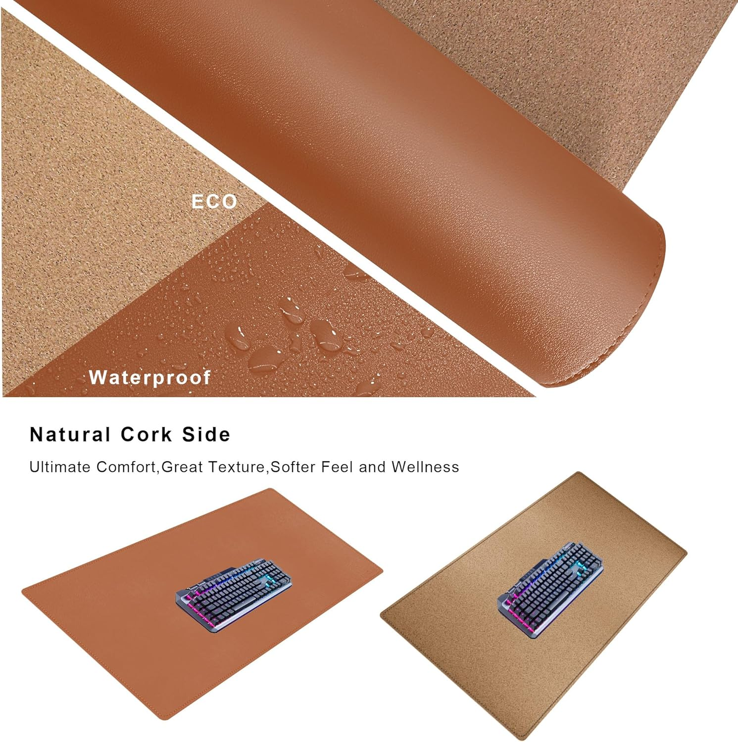 Mydours Dual-Sided Desk Pad, 100X50Cm Large Mouse Pad Natural Cork & PU Leather for Office and Home Work, Waterproof Computer Desk Mats Protector on the Top of Desks (Brown) image number 2