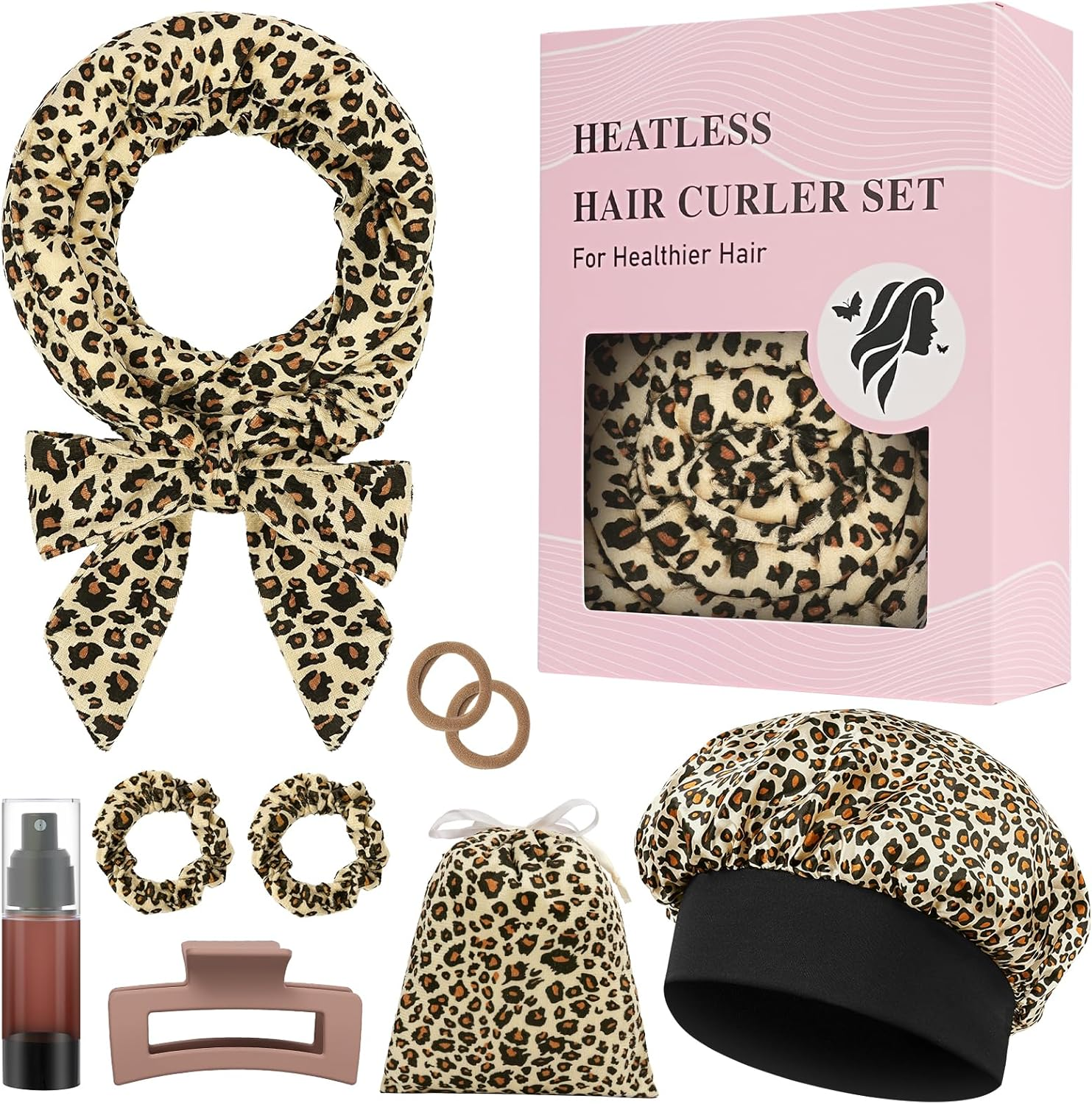 AOOWU Overnight Curlers, 9 Pieces Velvet Heatless Overnight Curls with Headband Curls Band for Sleeping, Band Curls without Heat, 70 Inch Hair Rollers DIY for Long Medium Hair, Leopard Print image number 6
