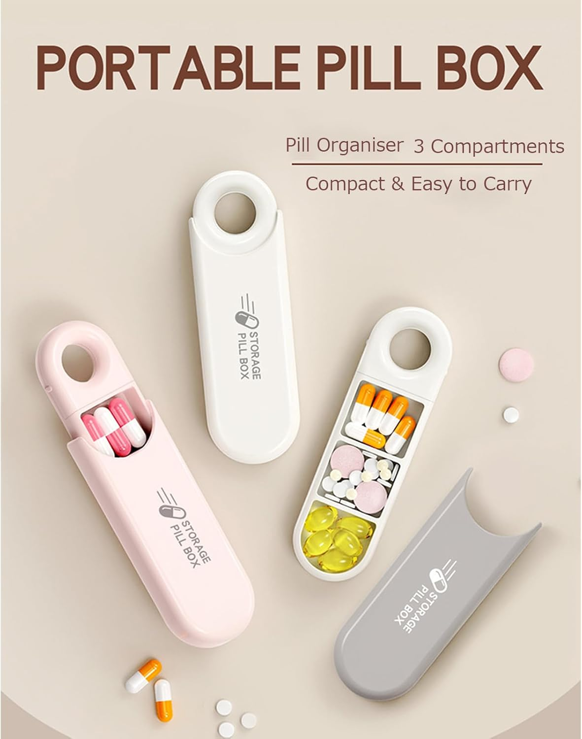 U-Shaped Pill Box Organiser, Daily Pill Container Organizer 3 Compartments, Small Portable Pill Case for Travel Pocket Purse, Compact EDC Pill Holder (Grey) image number 4