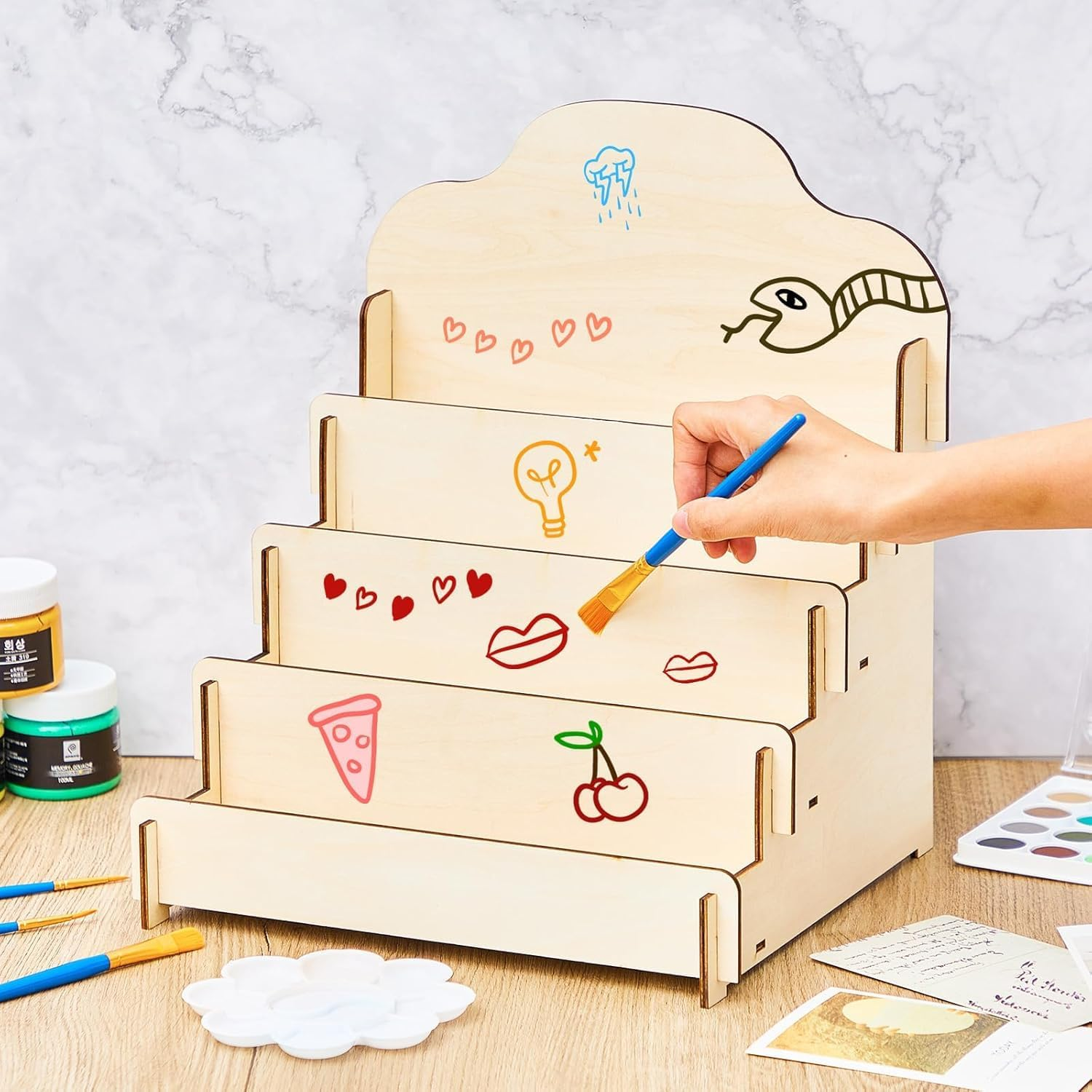 IONPSHG 1Pcs Greeting Card Display Stands 4Tier Durable Wooden Stickers Display Risers Multipurpose Portable Blank Retail Display Shelves Card Display Rack for Greeting Card Photos Postcard Literature (1) image number 3