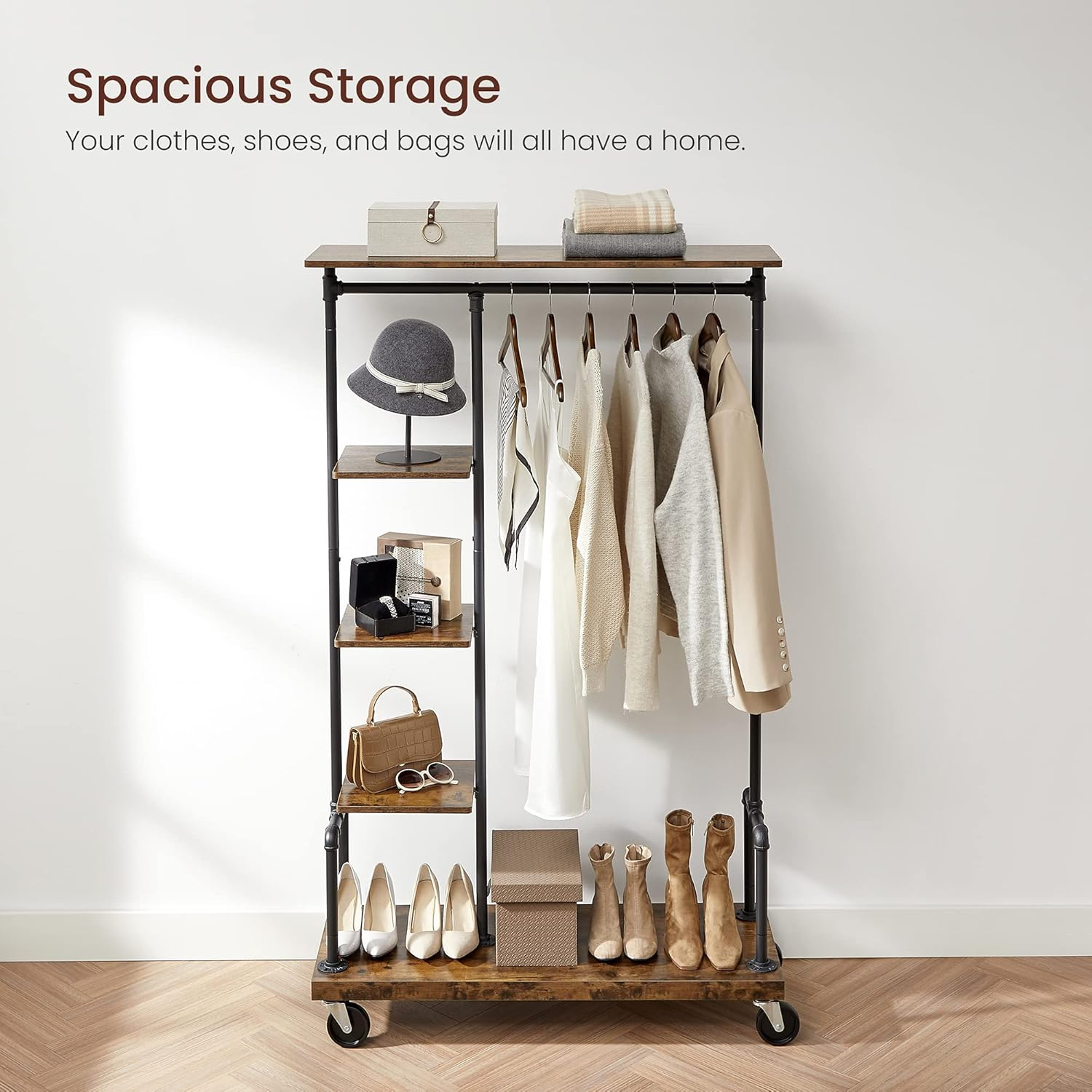 VASAGLE Clothes Rack, Clothing Rack on Wheels, 5-Tier Garment Rack with Metal Pipes, for Bedroom, Store, Laundry Room, Living Room, Rustic Brown and Black HSR66BX image number 4