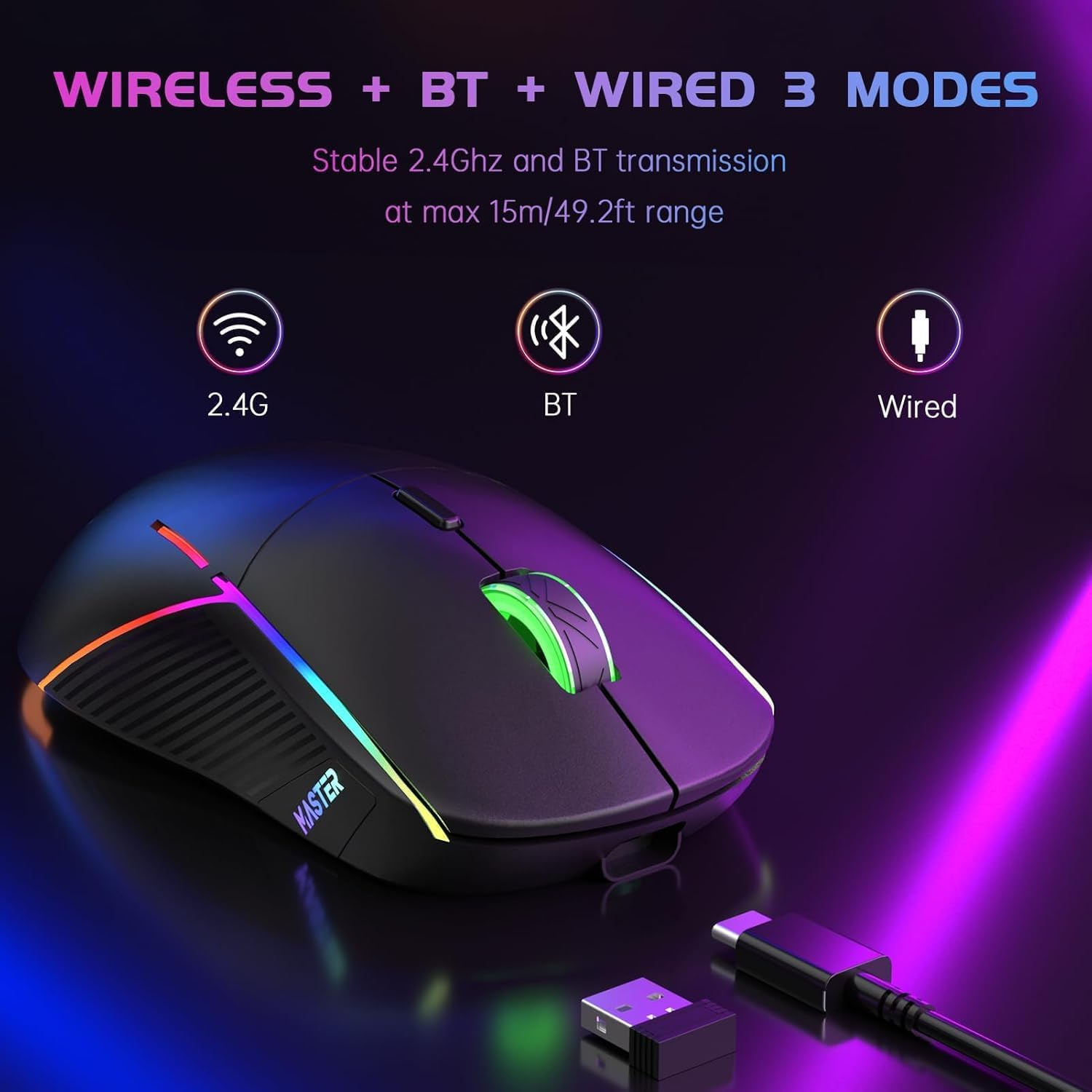 FFJ Wireless Gaming Mouse, 24000 DPI, Tri-Mode 2.4G/Usb-C/Bluetooth 5.3 Gaming Mouse Wireless, RGB Programmable Mouse Gamer, 75Hrs Battery Life, Rechargeable Gaming Mice for PC, Mac, PS5, Xbox - Black - Mint image number 5