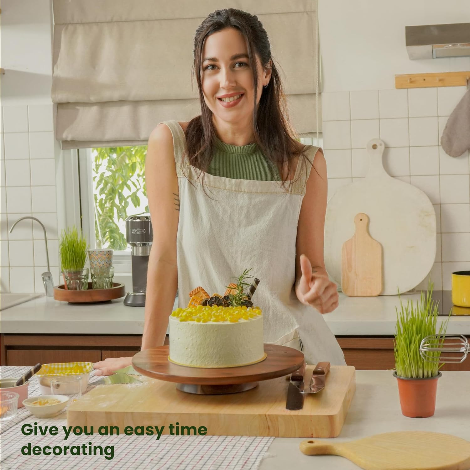 TIDITA 33 Cm Acacia Cake Stand Rotating &ndash; Rustic Cake Stand Set Turntable with 2 Icing Spatulas, 3 Smoothers &ndash; Wooden Revolving Spinner Cake Decorating Supplies - Use at Parties, Wedding (Acacia Wood) image number 2