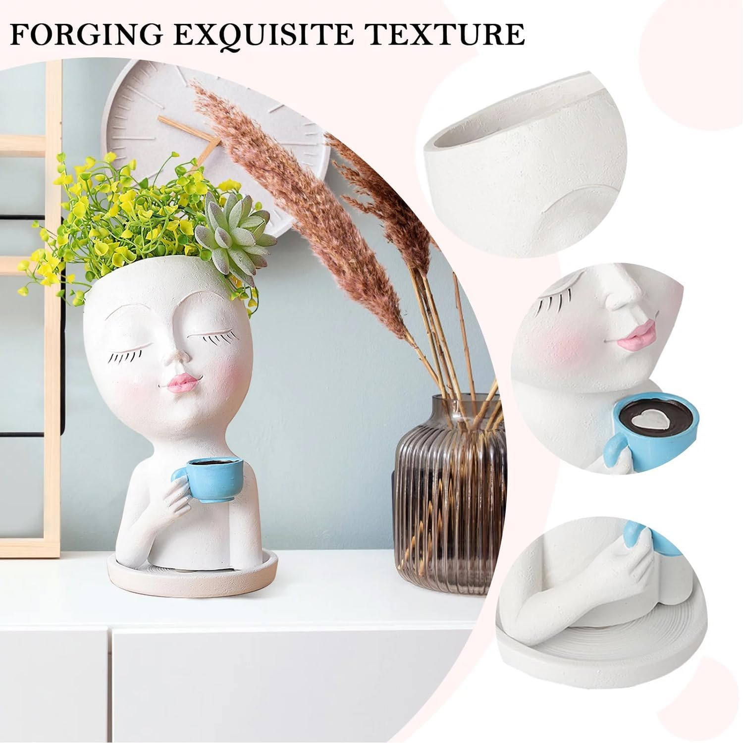 Face Flower Pot Head Planter, Cute Resin Face Planters for Indoor Outdoor Plants, Funny Succulent Planters Plant Pot Face Vase with Drainage Hole and Tray for Home Garden Cactus image number 6