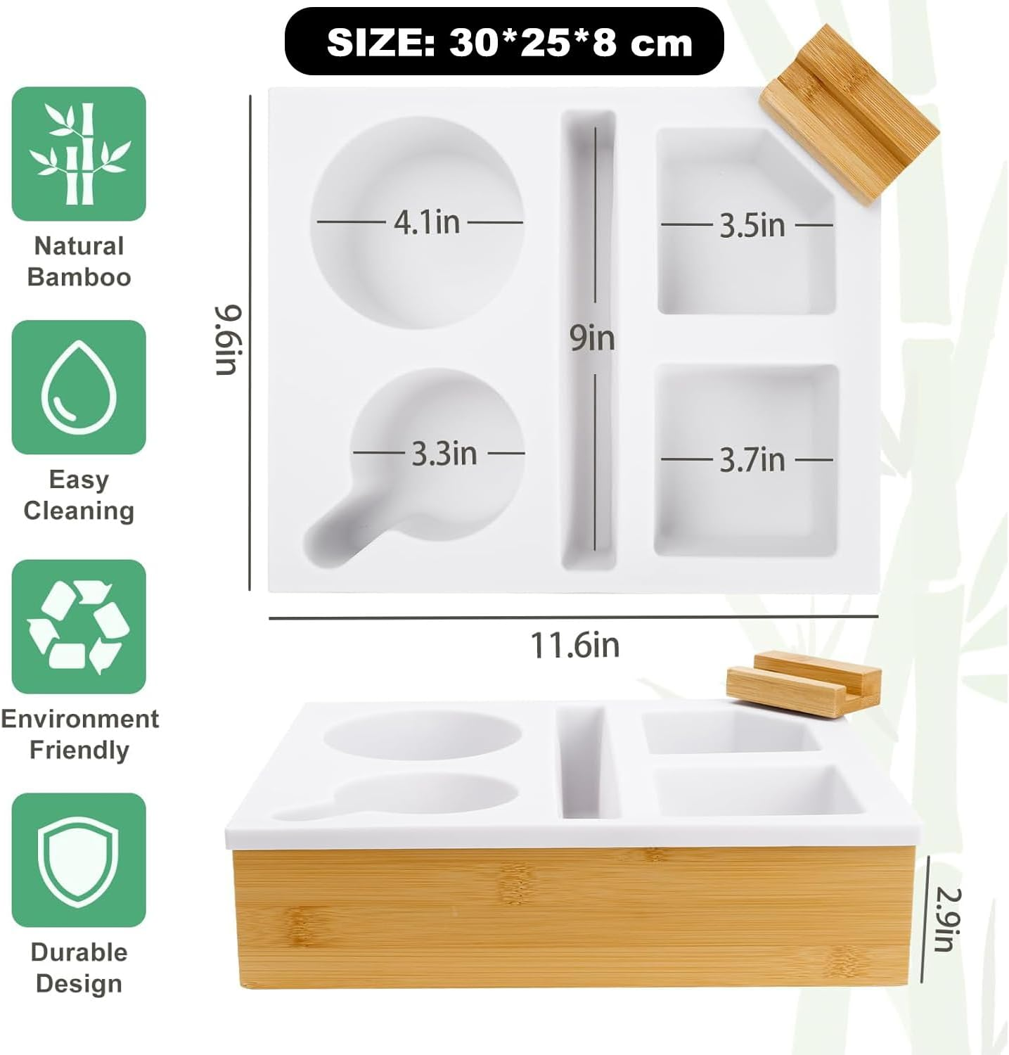 Bamboo Couch Cup Holder Tray 6-In-1 Snack Box Couch Caddy with Rotatable Phone Stand for Sofa Bed Car Seat Organizer, Waterproof Anti-Spill Silicone Drink Holder Tray for Snacks Beverage Remote image number 6