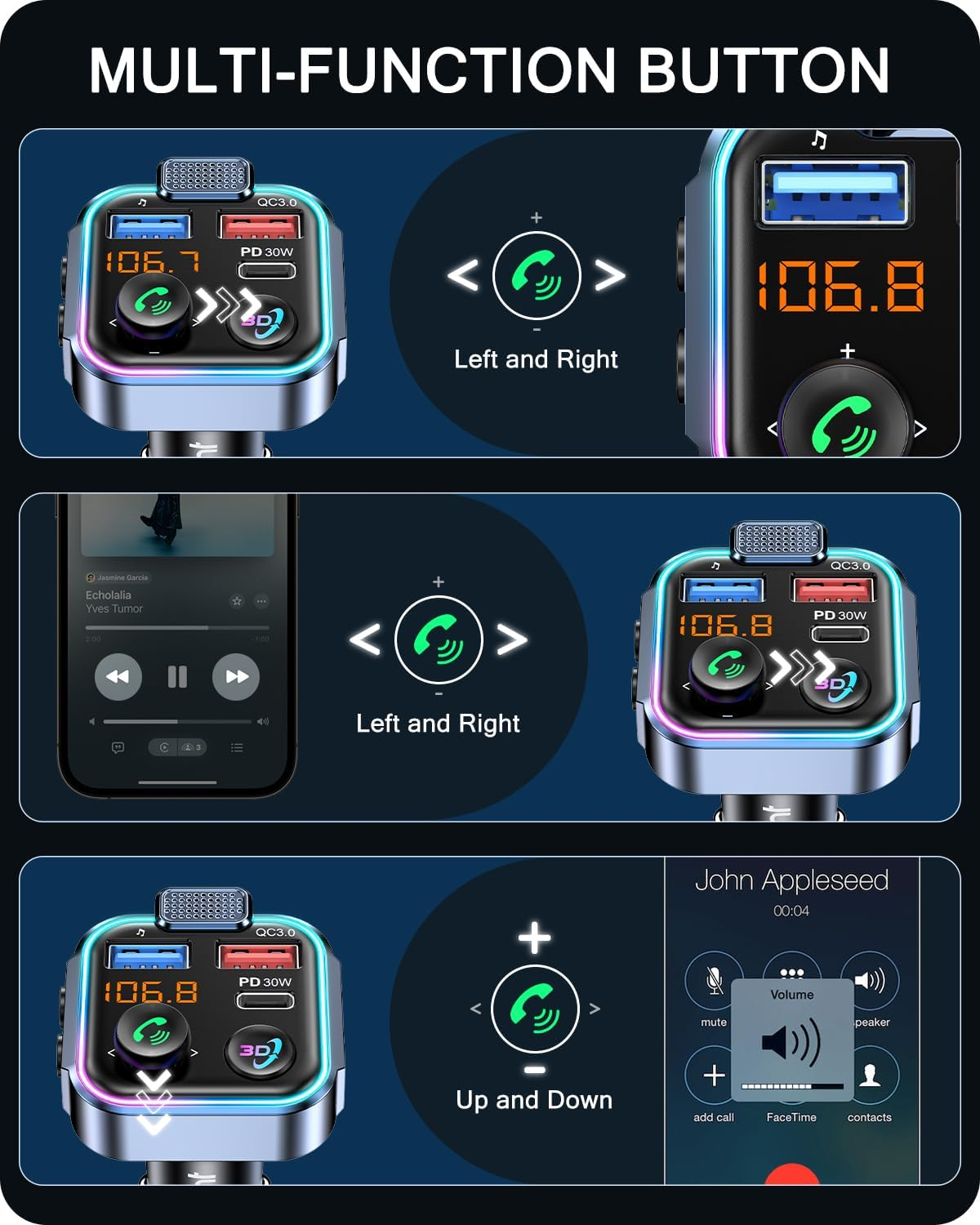 LENCENT Bluetooth 5.3 FM Transmitter, Wireless Radio Adapter Car Kit with Type-C PD 30W+ QC3.0 Fast USB Charger, Hands-Free Calling, Audio Stereo Mp3 Player Receiver, Supports U Disk, Color Light image number 1