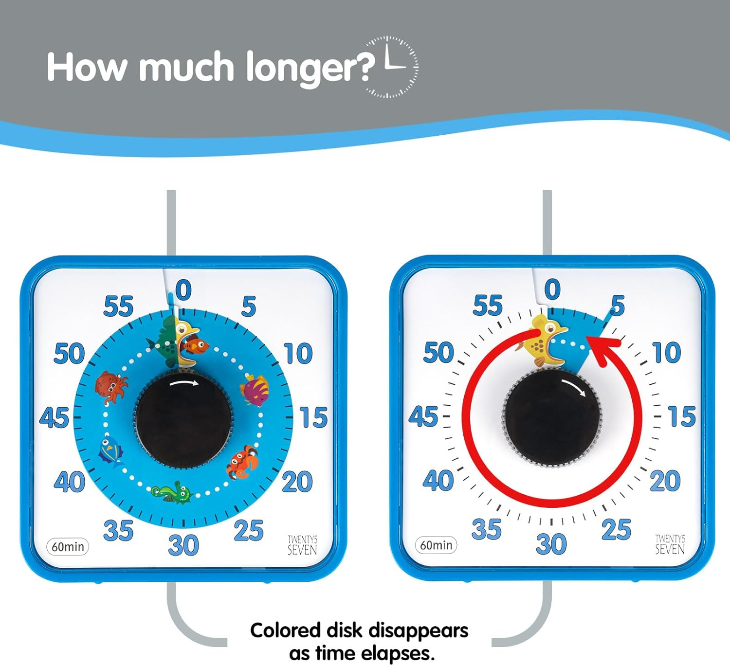 TWENTY5 SEVEN Countdown Timer 7.5 Inch, 60 Minute 1 Hour Visual Timer for Classroom Teaching Tool Office Meeting, Mechanical Countdown Clock for Kids Exam Time Management Magnetic, Blue, Fish Pattern image number 6
