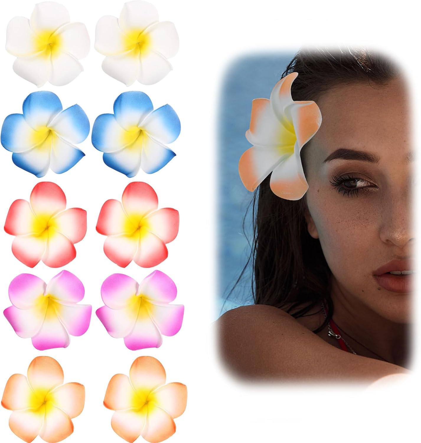 Mezrkuwr Pack of 10 Hawaii Flower Hair Clips, Flower Hair Clip, Hawaiian Plumeria Hair Clip, Beach Flower Headwear for Wedding Parties for Women Girls Gift image number 1