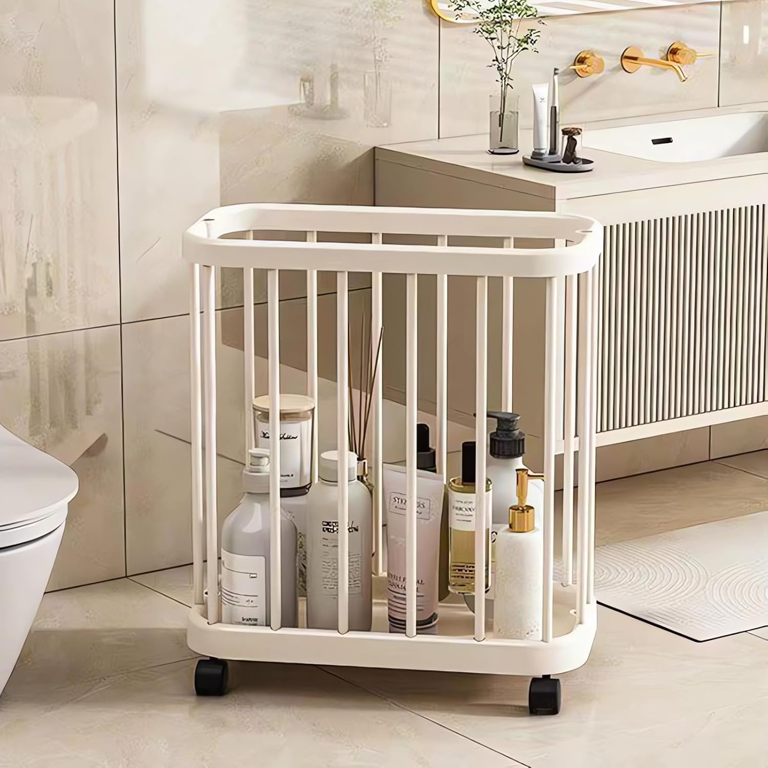 Rolling Storage Basket with Wheels, White Vertical Bar Design, Mobile Storage Cart for Toys, Clothes and Bathroom Essentials image number 3
