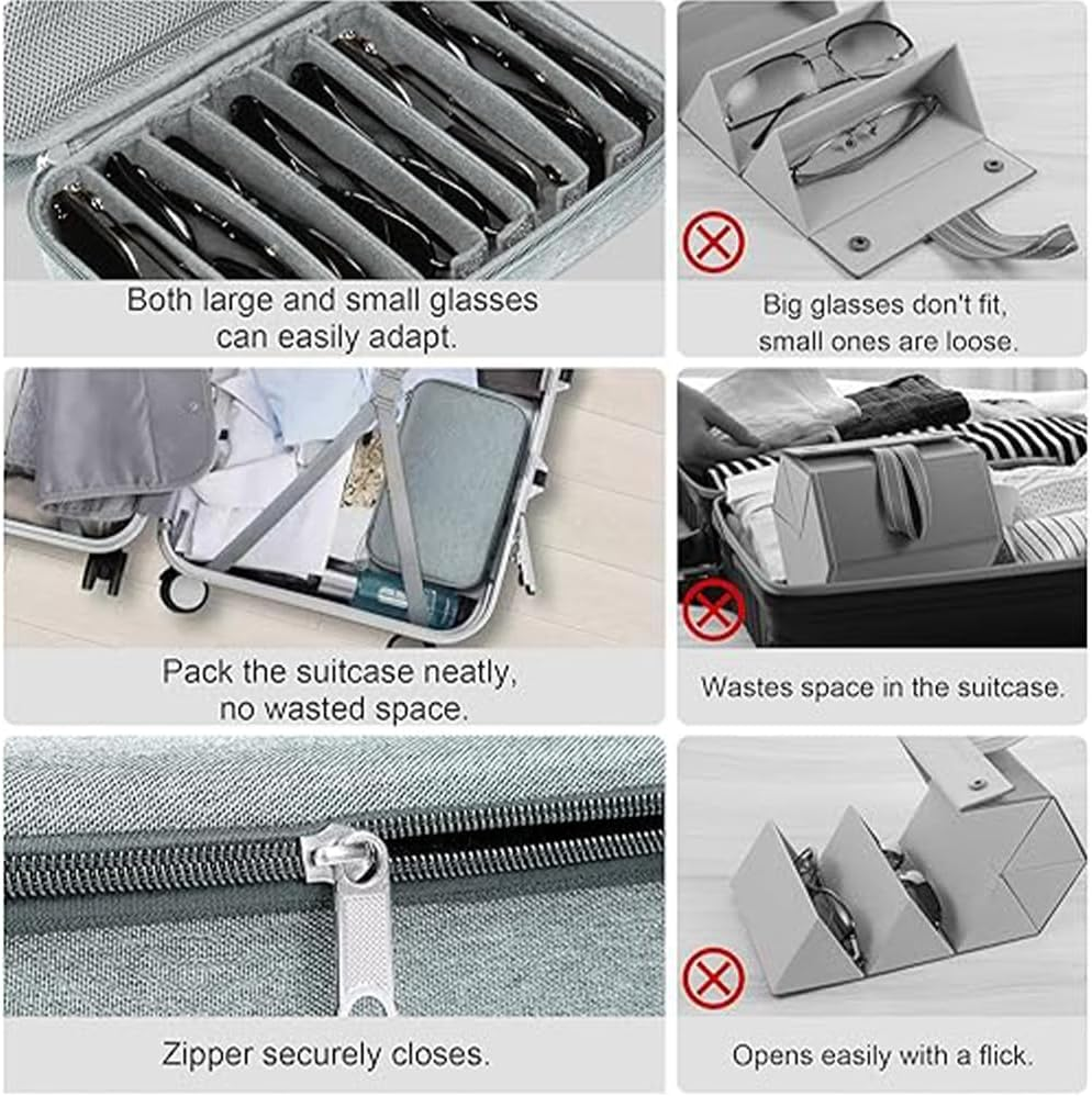Travel Sunglasses Organizer Glasses Case, Adjustable 7 Slots Eyeglasses Storage Holder for Multiple Eyeglasses, for Multiple Eyeglasses Hard-Shell Portable Storage Box for Men Women