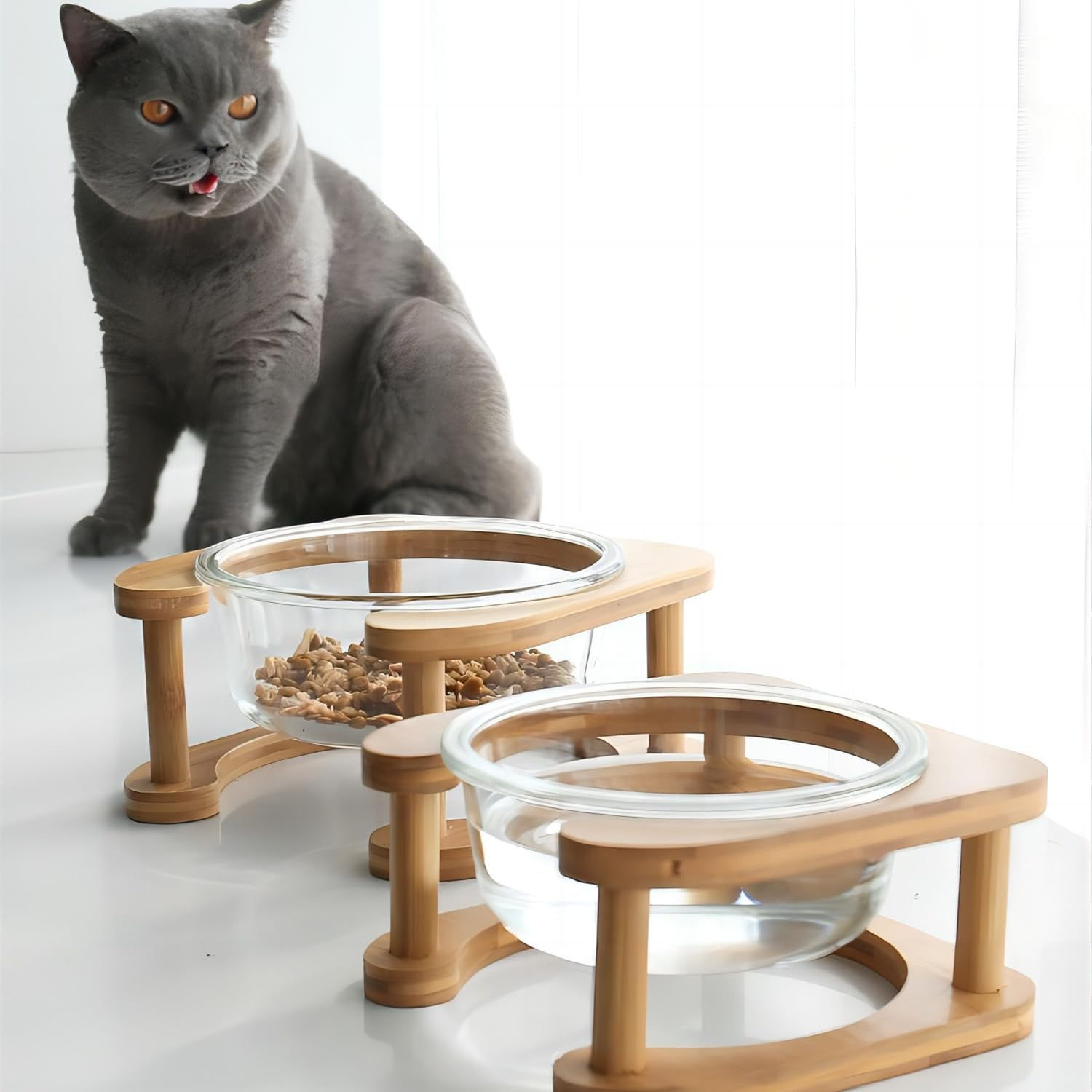 Glass Pet Bowl with Wooden Stand - Raised Comfort Feeding Bowl for Cats and Small Dogs - Transparent Bowl Easy Pick up to Clean image number 2