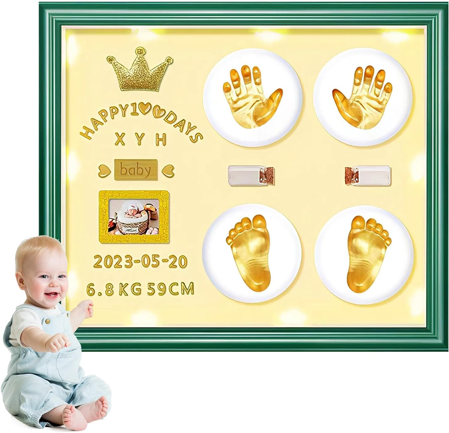 Mcstars Baby Handprint and Footprint Ink Pad Frame - Personalized Keepsake Kit with Gold Lettering and Organic Glass Display Perfect for Newborns Modern White Design Ideal Baby Memory Gift Nursery