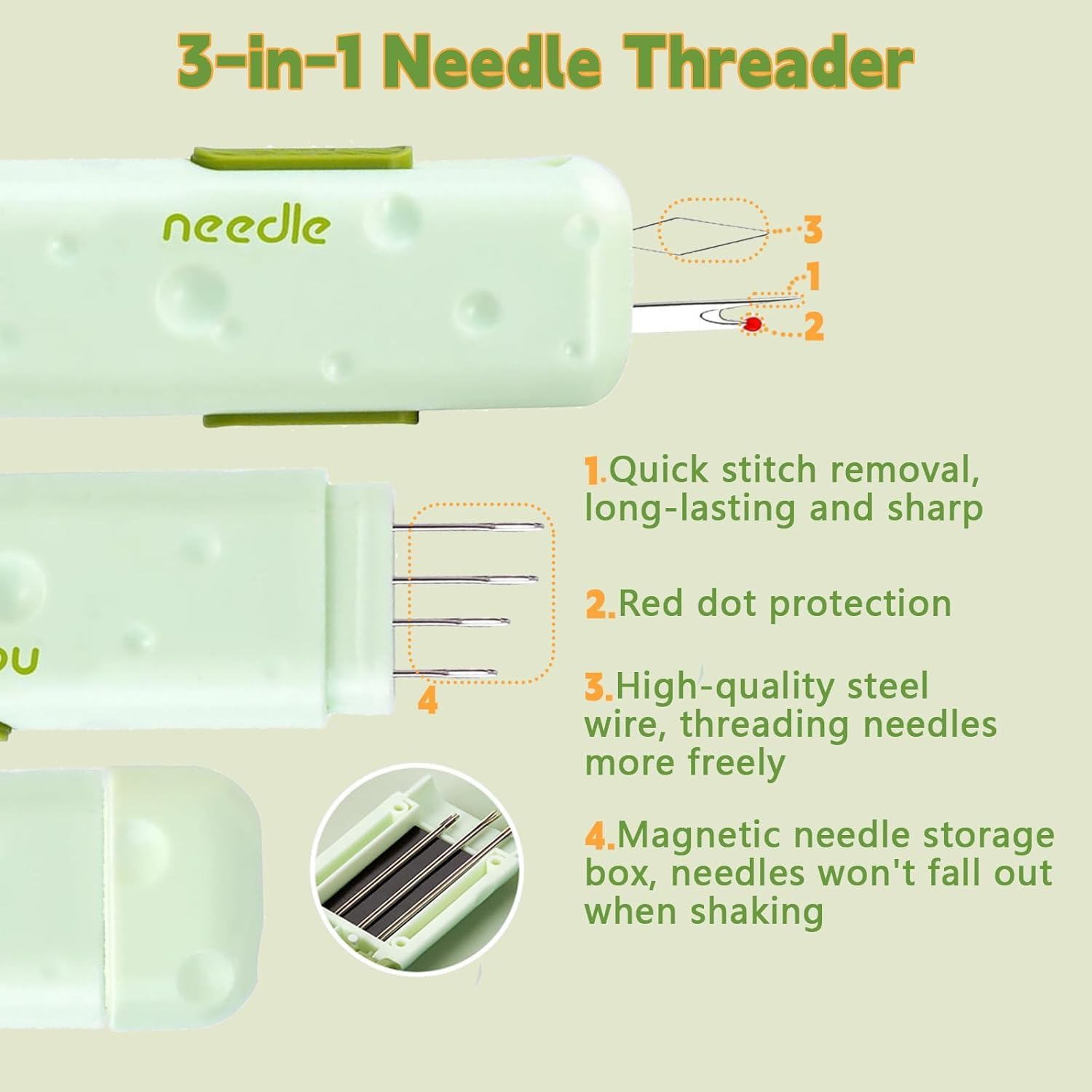 3 Pcs Needle Threader & Seam Ripper Set - 3-In-1 Multifunctional Sewing Tool Kit with Needle Storage Box | Essential Quilting & Sewing Supplies for Precision Stitch Removal Threading image number 2